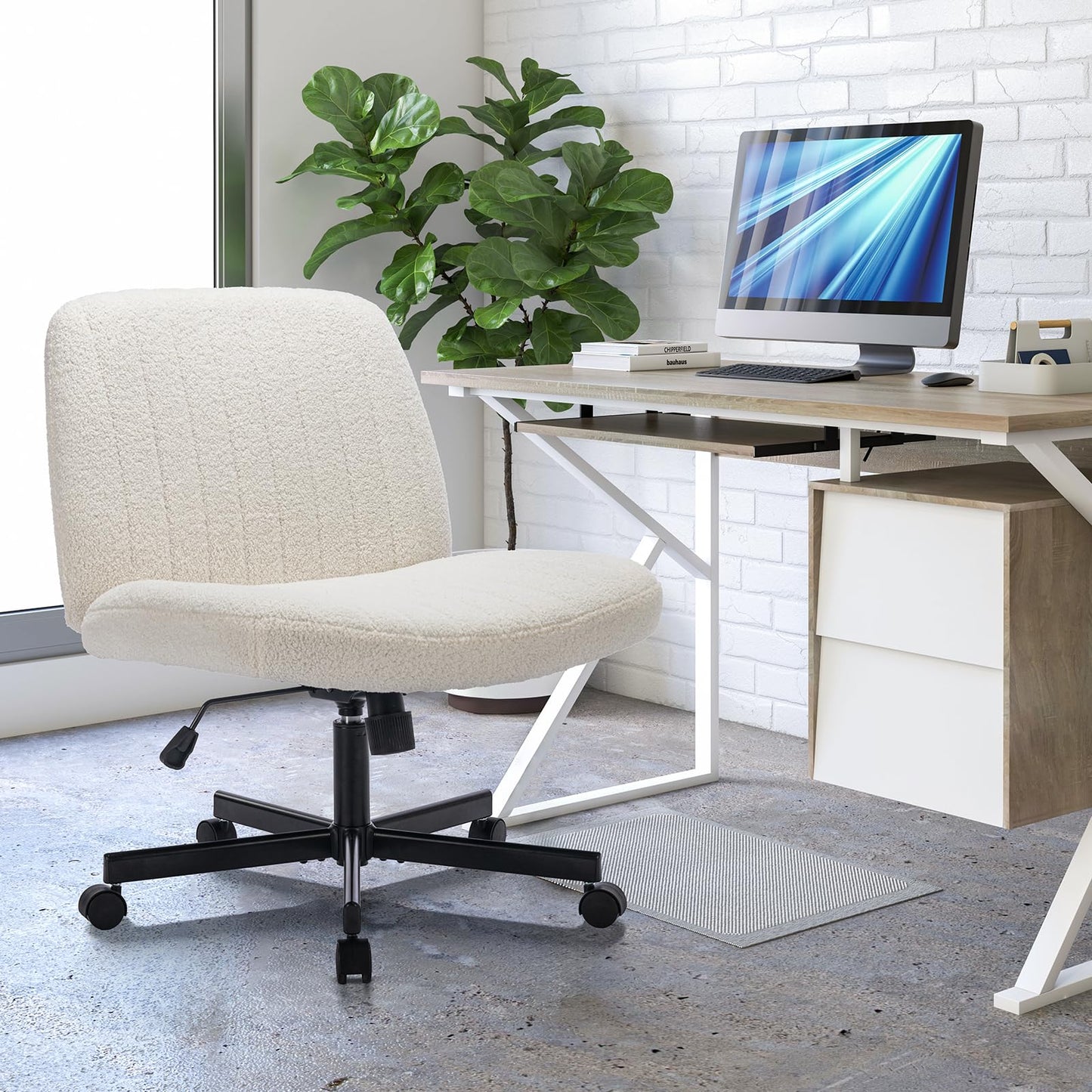 COLAMY Wide Office Chair, Padded Armless Task Vanity Chair Swivel Home Office 115°Rocking Mid Back Ergonomic Computer Chair for Home Working, Make Up
