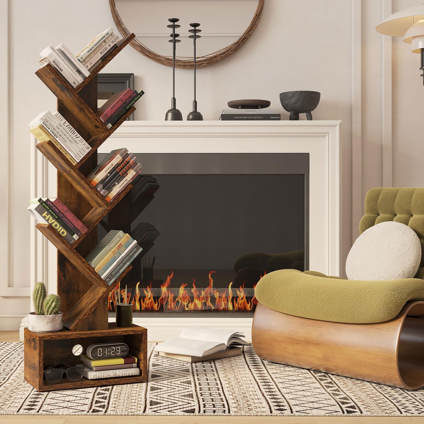 YMYNY 6 Tier Tree Bookshelf, Tall Bookcase, Wood Book Storage Rack with Drawer, Modern Floor Standing Book Shelf for Books/Movies/CDs, Utility