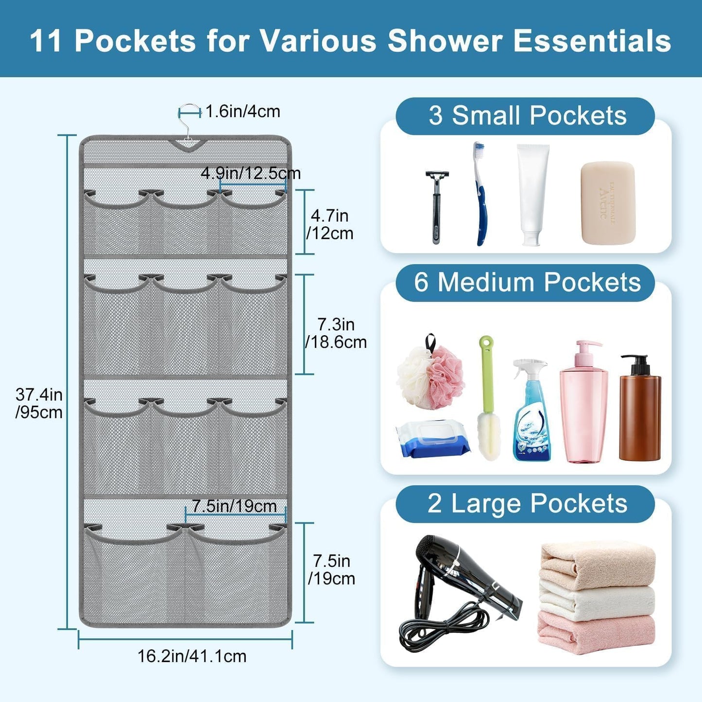 EEEKit Hanging Shower Organizer, 11 Pockets Quick Drying Mesh Shower Caddy, Portable Space Saving Bathroom Organizer to Hold Shampoo, Soap, Loofah