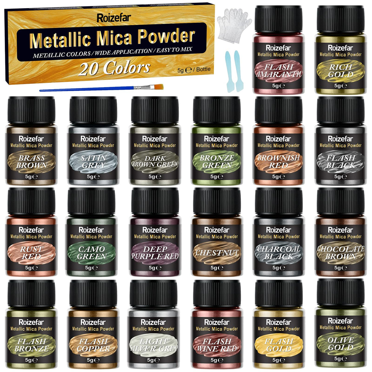 Roizefar Metallic Mica Powder, 20 Colours x 5 g Pearlescent Epoxy Resin Pigment Metallic Powder, Mica Powder for Epoxy Resin for Art Coating, Paint,