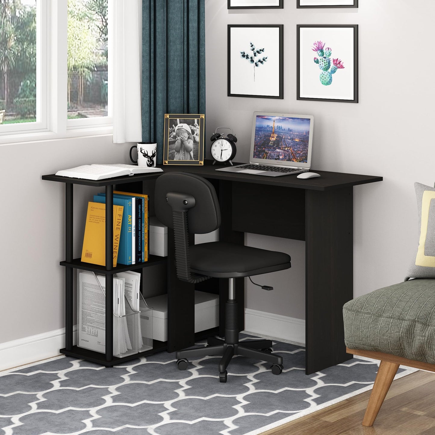 Furinno ABBOTT Desk, Gaming Desk with Bookshelf, L-Shape Computer Desk, Office Desk for Home Office, Bedroom, Espresso