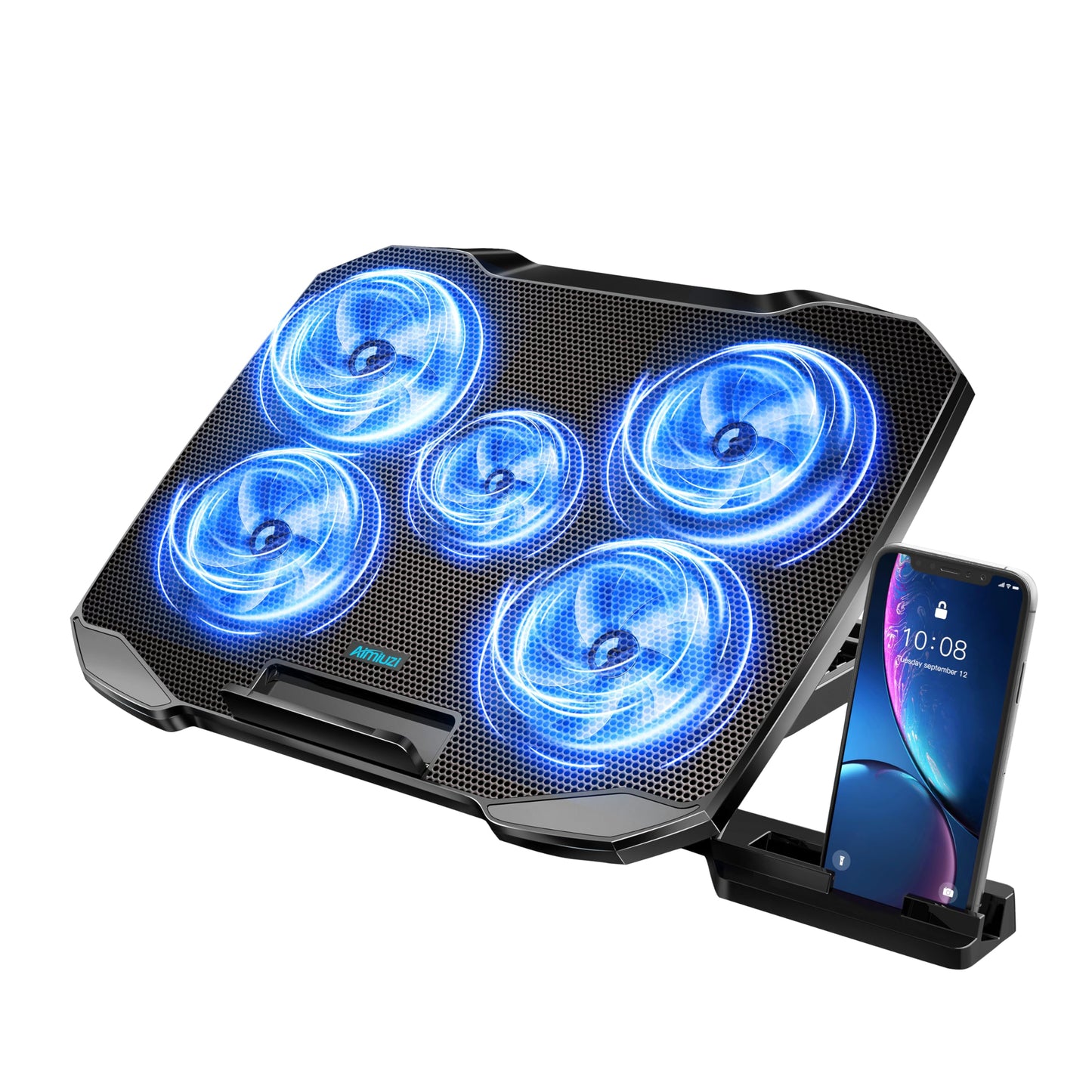 AIMIUZI Laptop Cooling Pad, Laptop Cooler for 12-15.6 Inch Notebooks, Laptop Cooling Stand with 5 Quiet Fans, 5 Height Adjustable, 2 USB Ports, Phone