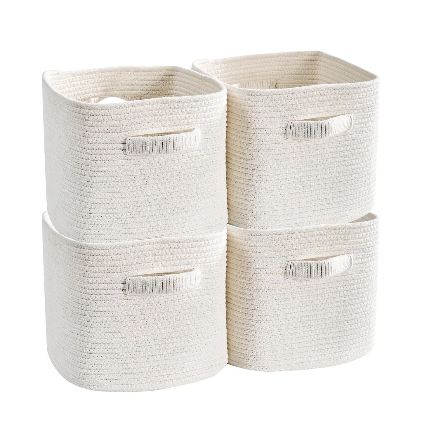 Mangata Set of 4 White Cotton Rope Cube Storage Baskets with Handles, 30x30x27cm, Woven Organisers for Shelves, Bathroom, Bedroom