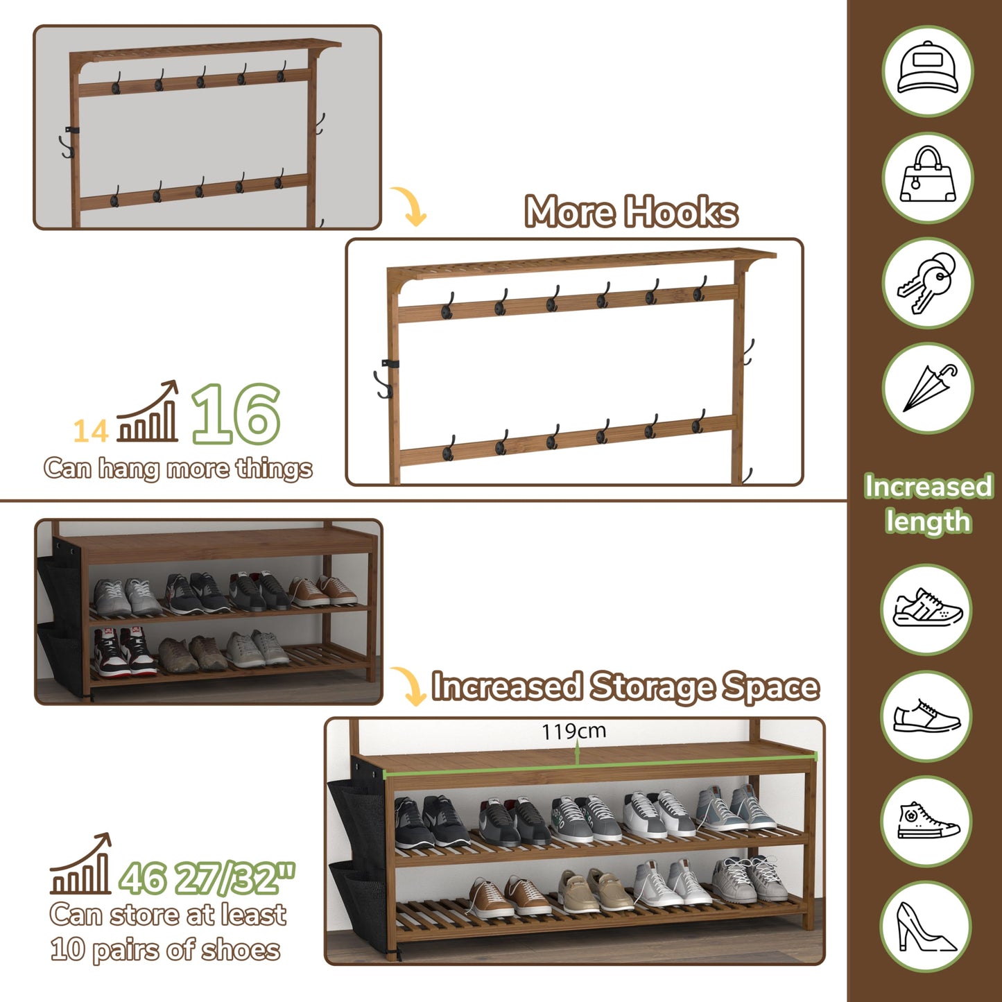 AMBIRD Coat Rack Bamboo Hall Tree Entryway Shoe Bench and Shelves, 6-in-1 Coat Stand with Storage Cloth Bags with 14 Coat Hooks