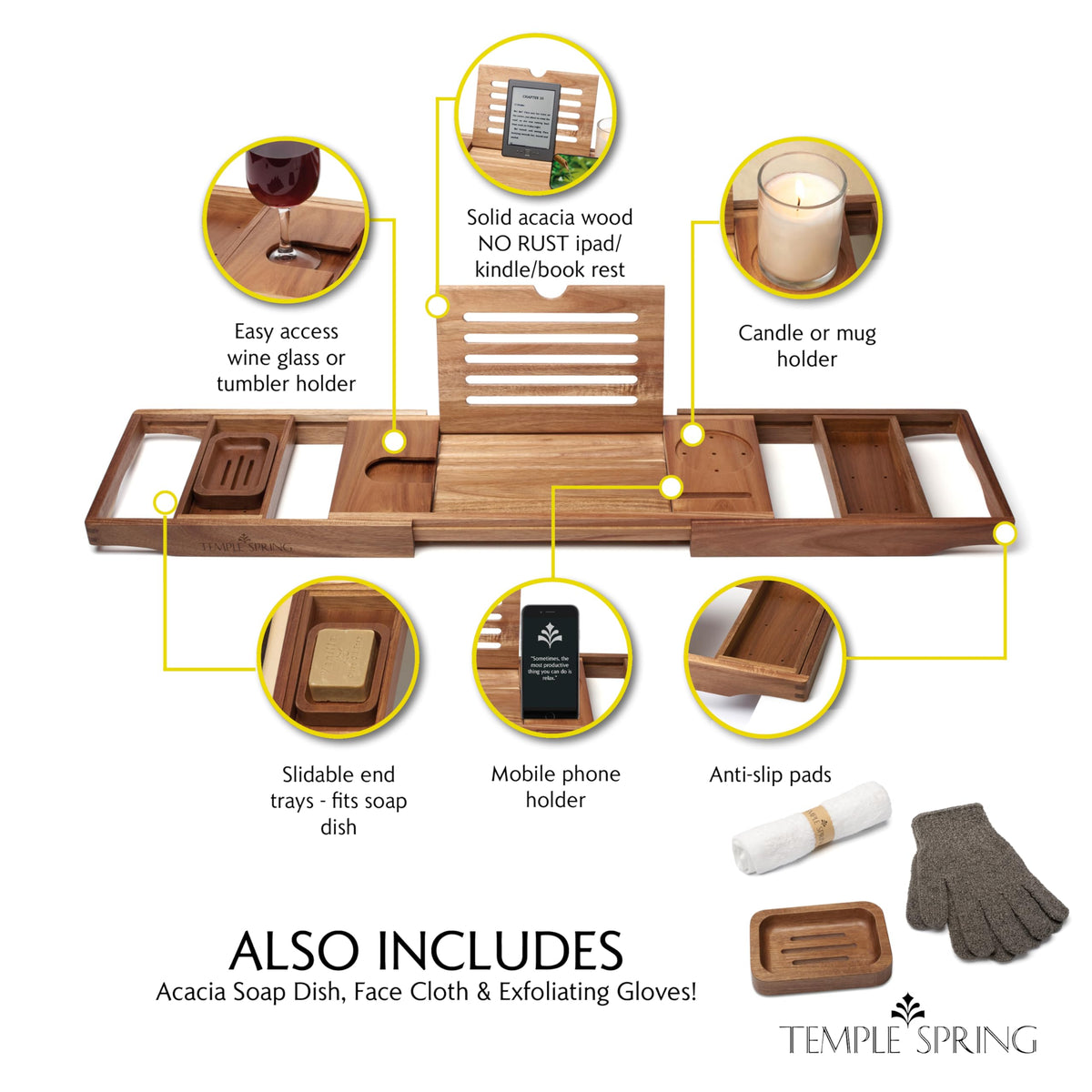 Temple Spring Acacia Wooden Bath Tray, Bath Shelf Bathroom Accessory, Home Spa Boards for Adults, Tub Caddy, Wood Bathroom Accessories Set, Extendable