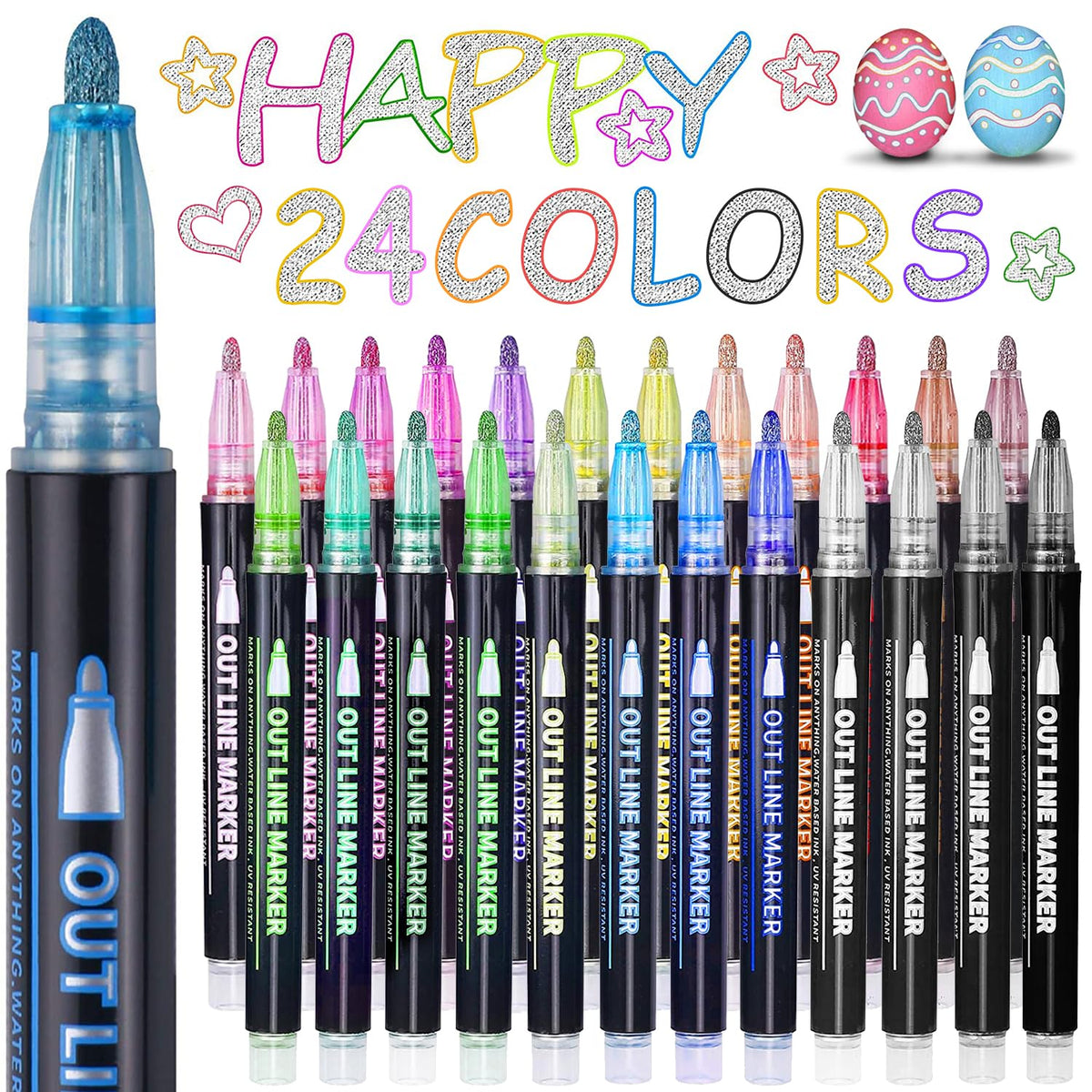 ECtury Stocking Fillers Kids, 24 Glitter Pens Outline Marker Pens, Arts and Crafts for Kids, Gifts for Teenage Girls Birthday Presents, Art Supplies