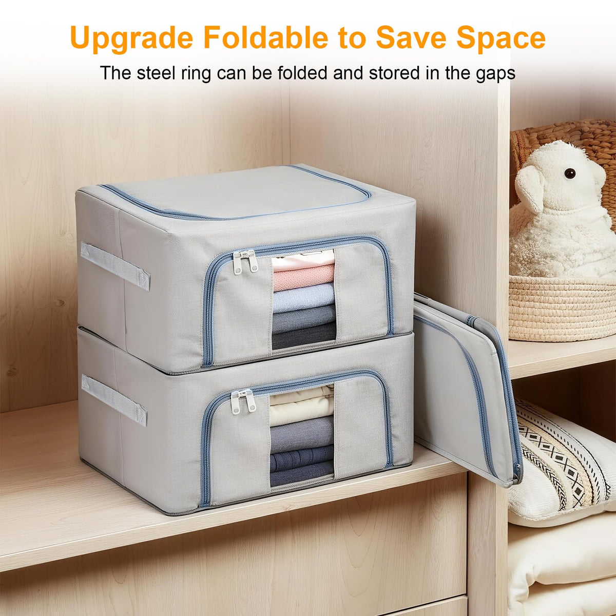 Hejo 3 Pack 24L Clothes Storage Boxes with Steel Frame,Foldable Storage Box