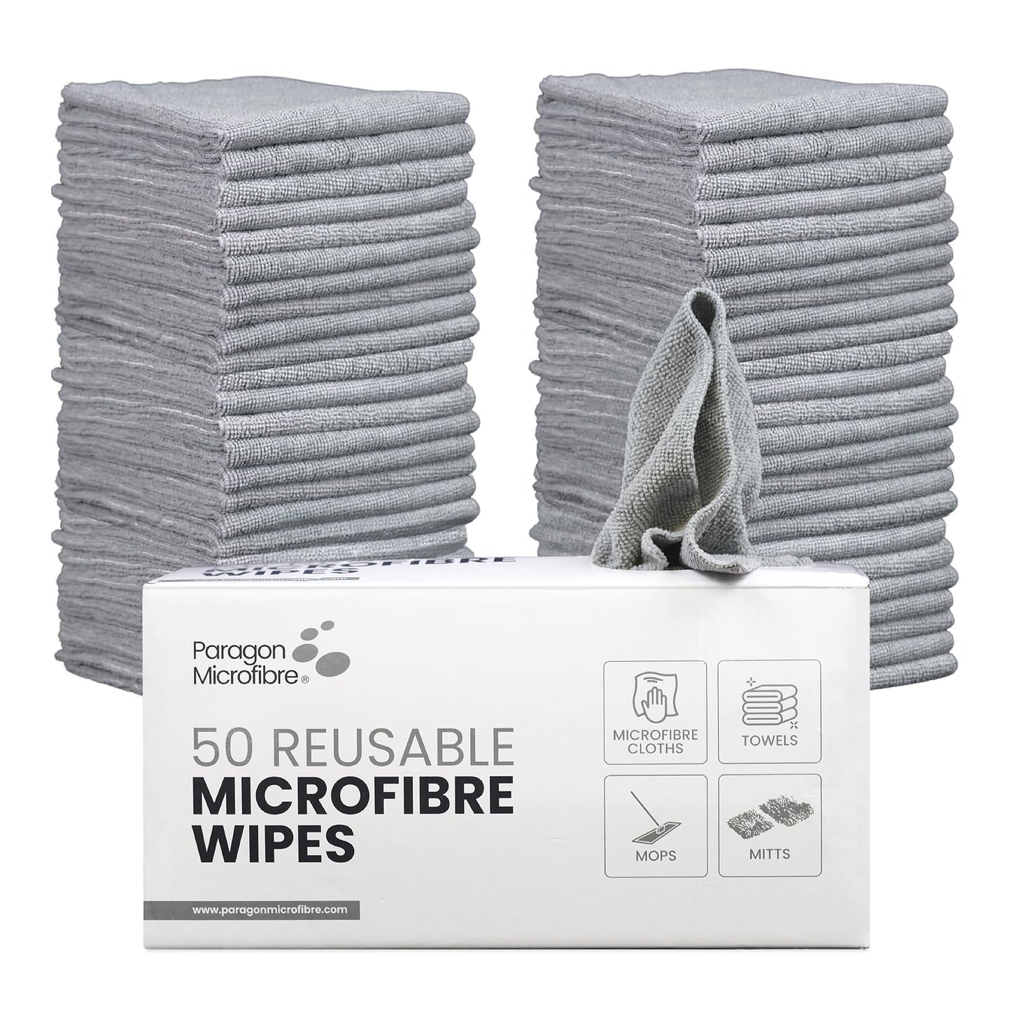 PARAGON Mirofibre 50 Reusable Wipes, Pack of 50, Cloth Size:30 x 30cm, Lint Free, Car Cleaning, Window & Glass, Dusting, Multipurpose, Premium