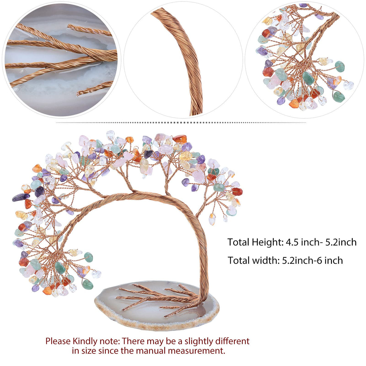 Nupuyai 7 Chakra Crystal Tree with Agate Slice Base, Money Tree Figurines Fengshui Ornament for Home Office Wedding Decoration