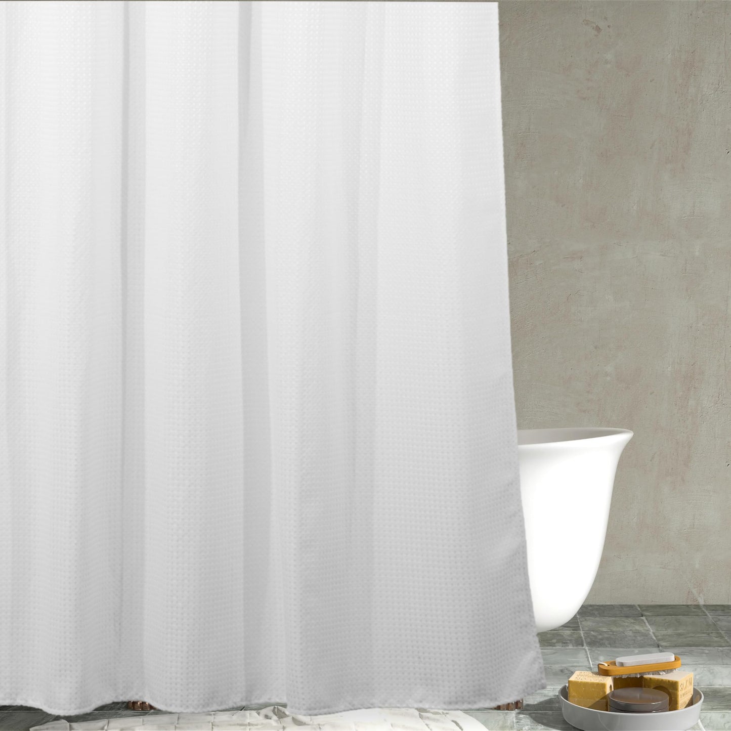 White Waffle Shower Curtain : Heavy Duty Fabric Shower Curtain for Bathroom - Water Repellent Washable Thick Polyester Cloth Bath Curtain - 183 x