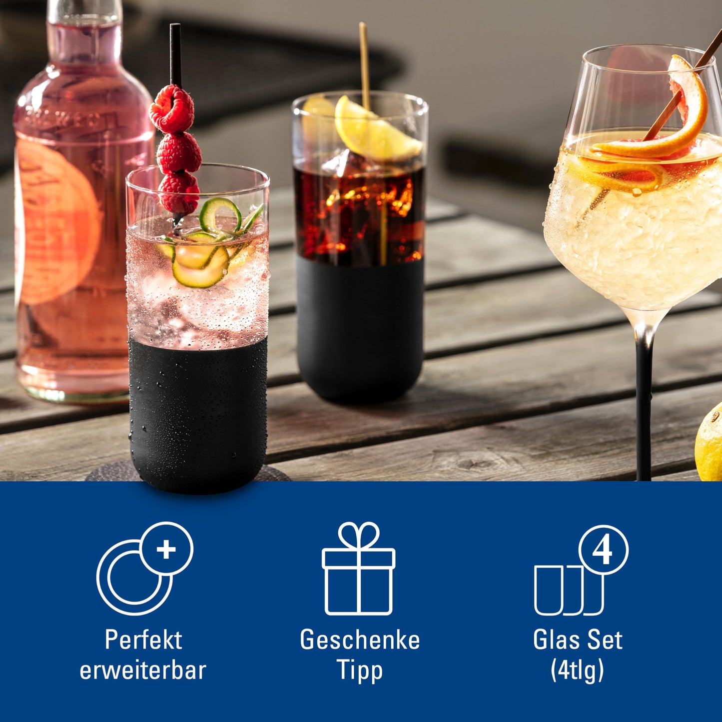 Villeroy & Boch  Manufacture Rock Long Drink Glass Set, 4 pces, Crystal Glass with matt Black Base, Capacity 300 ml