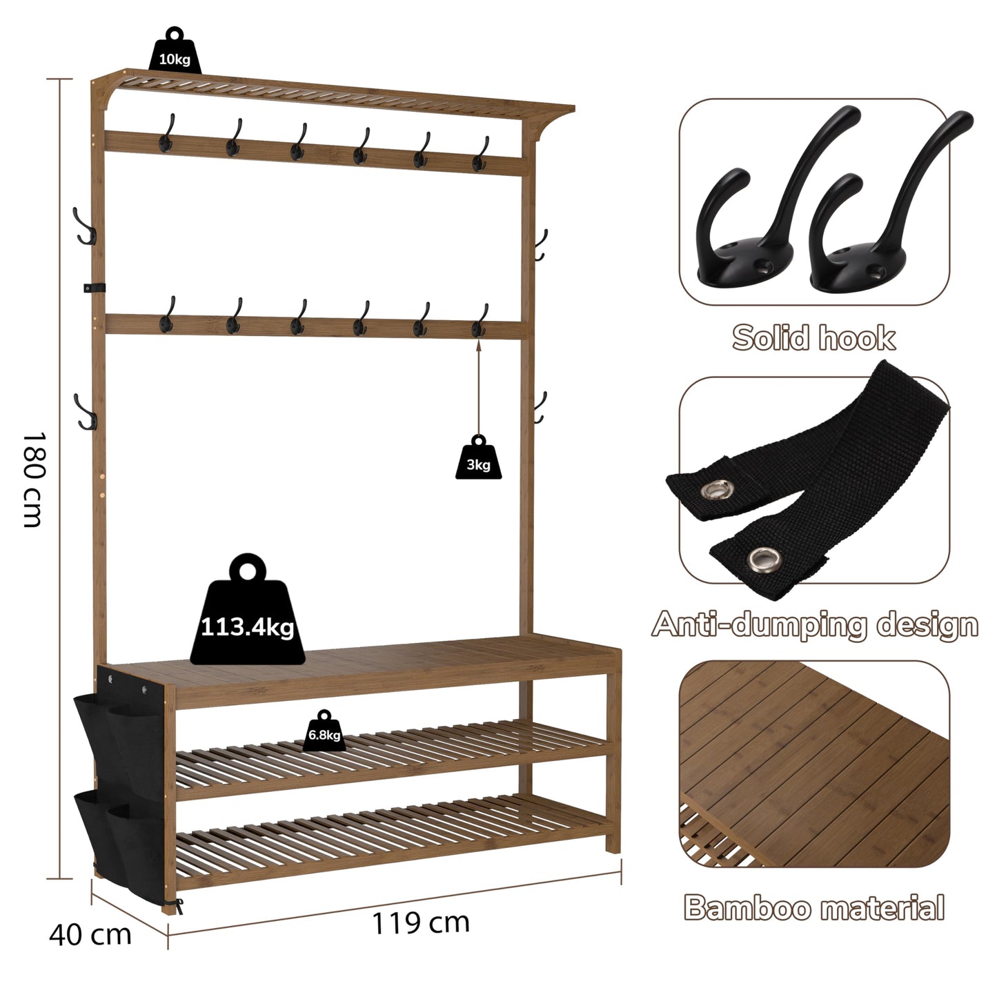 AMBIRD Coat Rack Bamboo Hall Tree Entryway Shoe Bench and Shelves, 6-in-1 Coat Stand with Storage Cloth Bags with 14 Coat Hooks