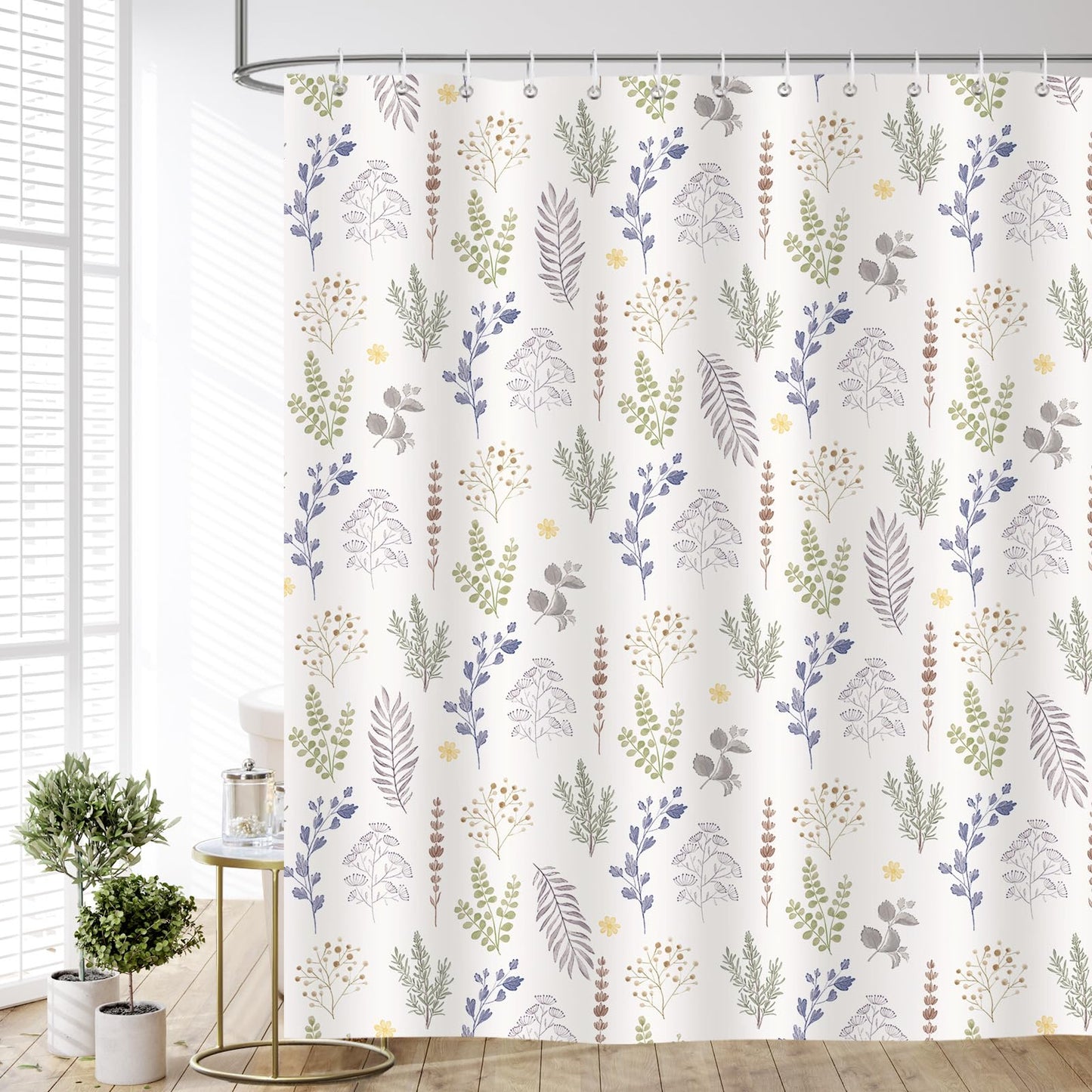 Dazzlewall Colourful Herbs Leaves Shower Curtain 180x180cm, Floral Botanical Bathroom Curtain Beige Background, Waterproof Mould Resistant Fabric with
