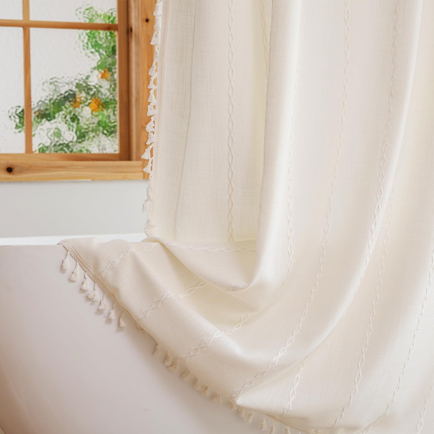 Plenmor Shower Curtain for Bathroom Heavy Weight Fabric Cotton Shower Curtain with Hooks Waterproof Stripe Bathtub Boho Curtain (White, W 70.9" x L