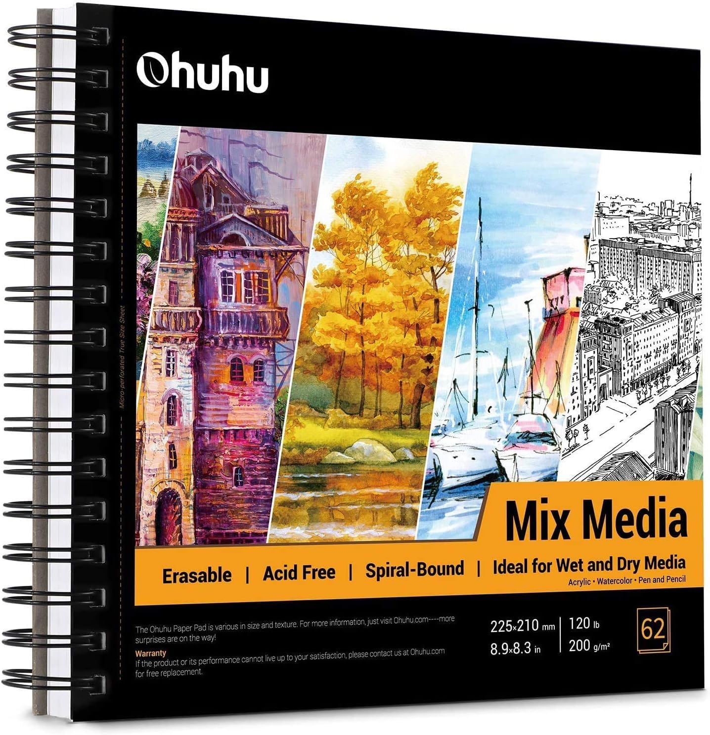 Ohuhu Mixed Media Sketchbook 200gsm - 124 Pages (62 Sheets) Acid-Free Paper, 8.3?8.3" (21?21cm) Square, Spiral Bound Hardback for Watercolour, Acrylic