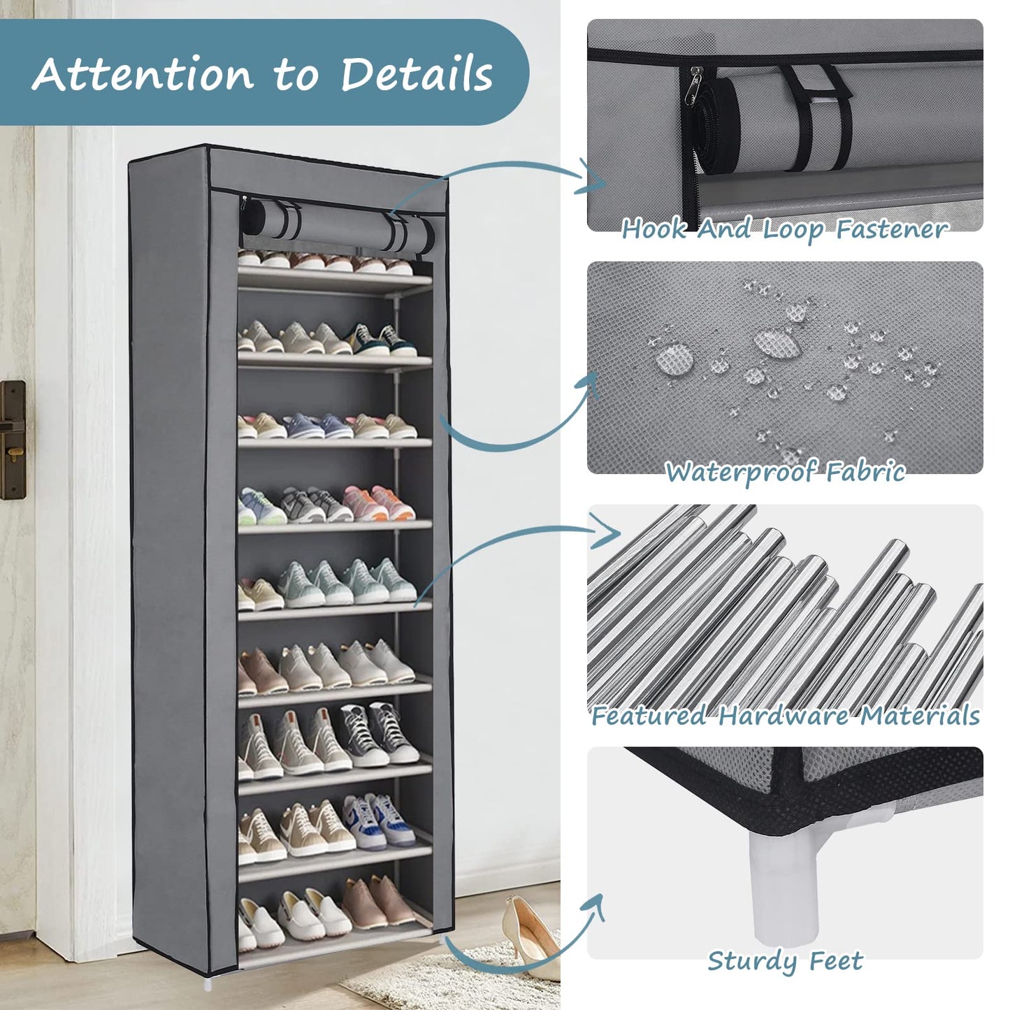 Rainberg 10 Tier Shoes Rack with Dustproof Cover, Shoe Storage Cabinet, Shoe Organizer, Easy to Assemble, Hold up to 25-30 Pairs