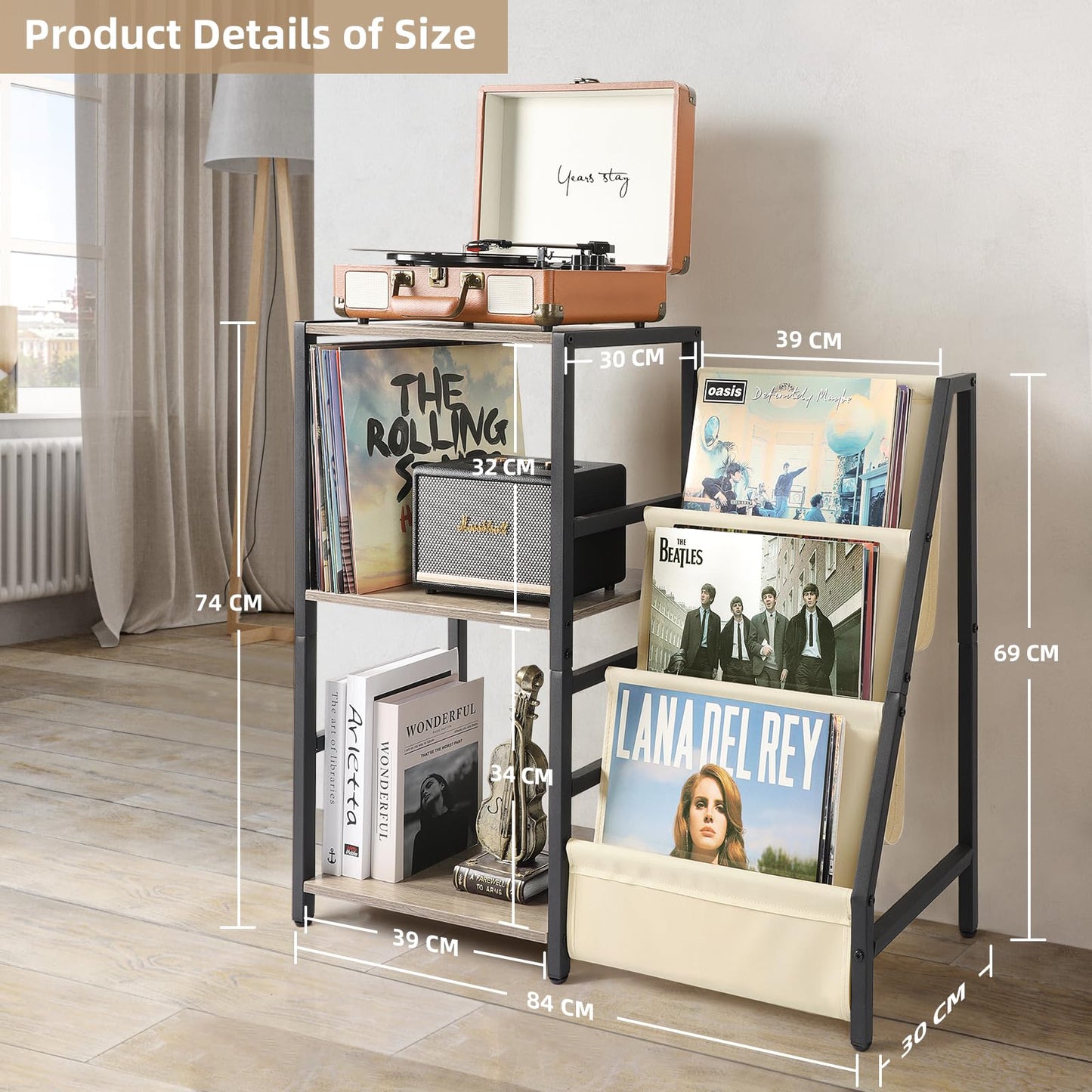 Bikoney Record Player Stand, End Table with 3-Tier Vinyl Record Storage, Record Player Table Up to 200 Albums, Turntable Stand for Vinyl Records,