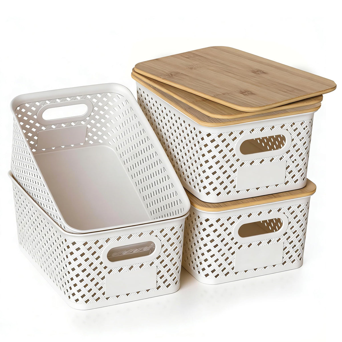 HapiLeap Plastic Storage Baskets With Bamboo Lid, Stackable Plastic Storage Boxes for Organizing Pantry Shelves Drawers Desktop Closet Playroom