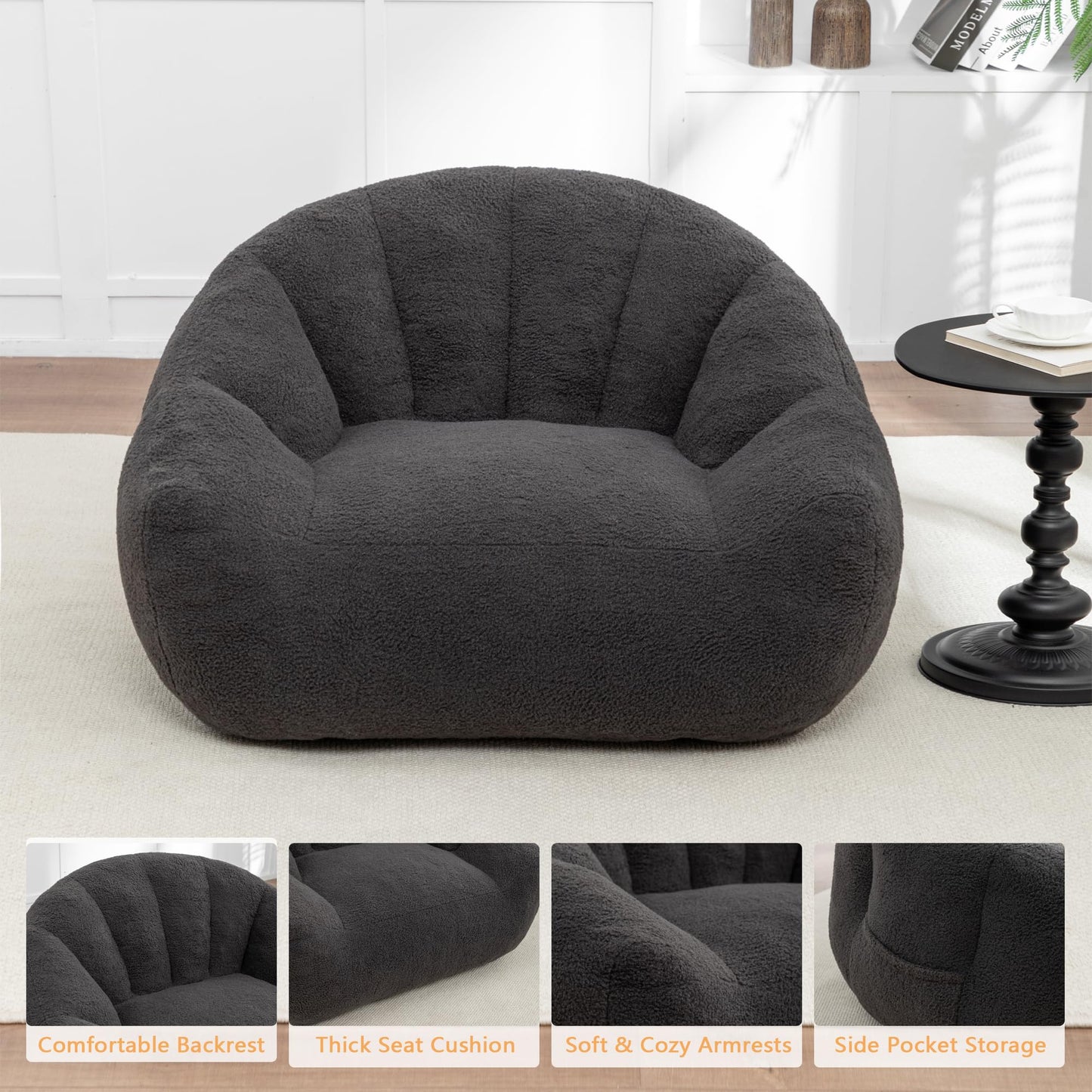 MINCETA Bean Bag Chairs for Adults, Cozy Teddy Bean Bag Chair with Armrest, Oversized Dark Gray Beanbag Chair for Living Room, Bedroom