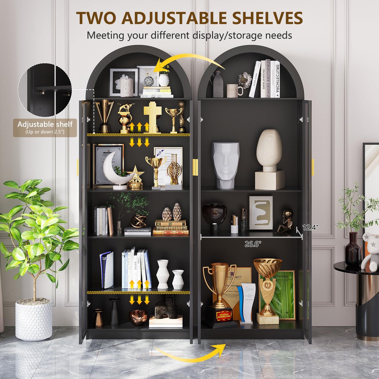 FREDEES Arch Display Cabinet with Doors and LED Lights, 195CM, Black