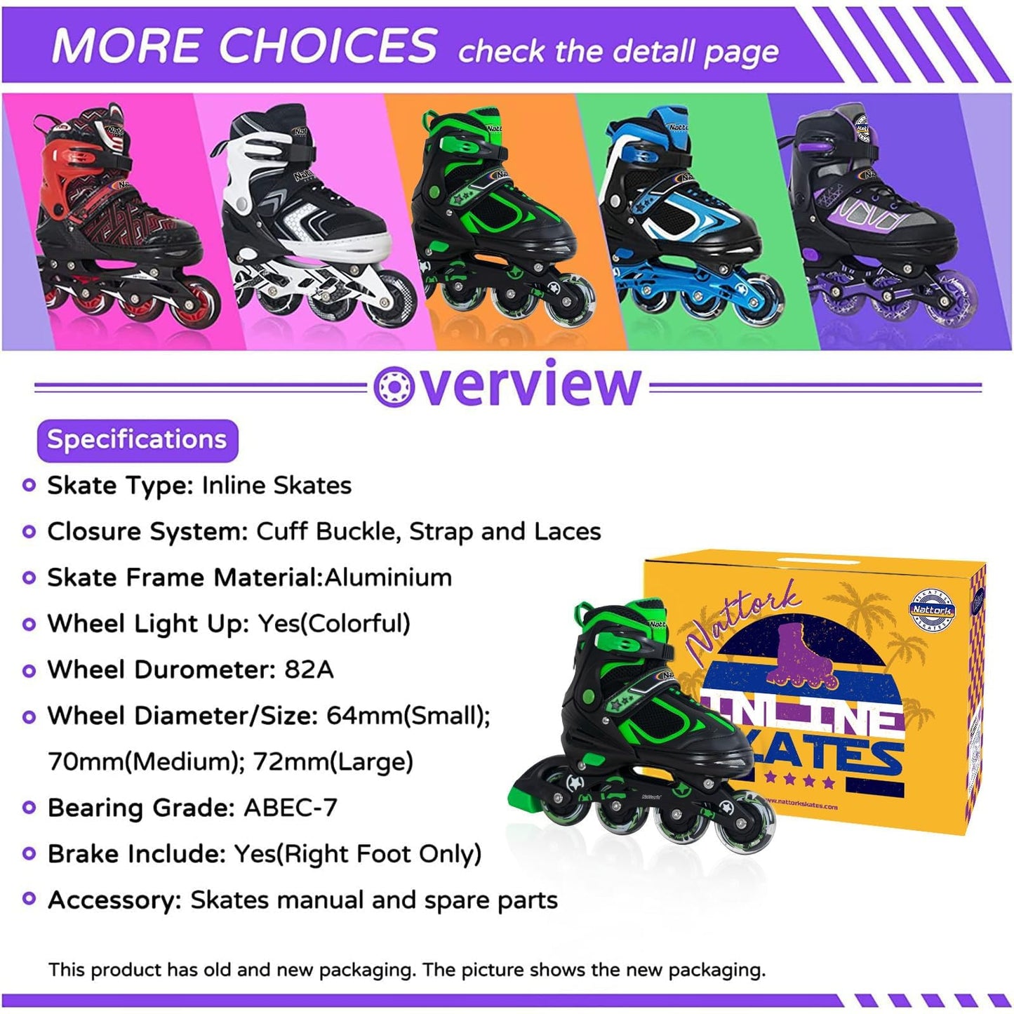 Nattork Adjustable Inline Skates for Kids with Light Up Wheel, Outdoor & Indoor Illuminating Blades Roller Skates for Boys and Girls, Beginners