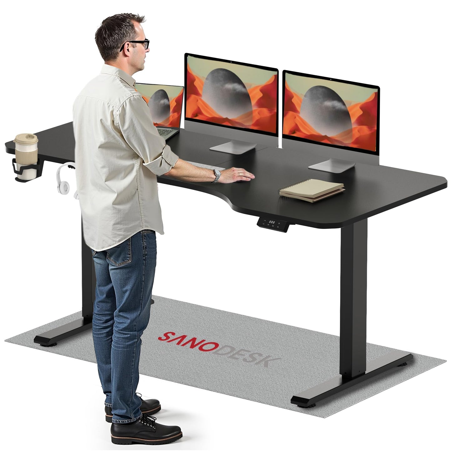 SANODESK 160×75CM Electric Standing Desk Height Adjustable Corner Standing Desk with Hooks and Cupholder Sit Stand Table Adjustable Desk with Memory