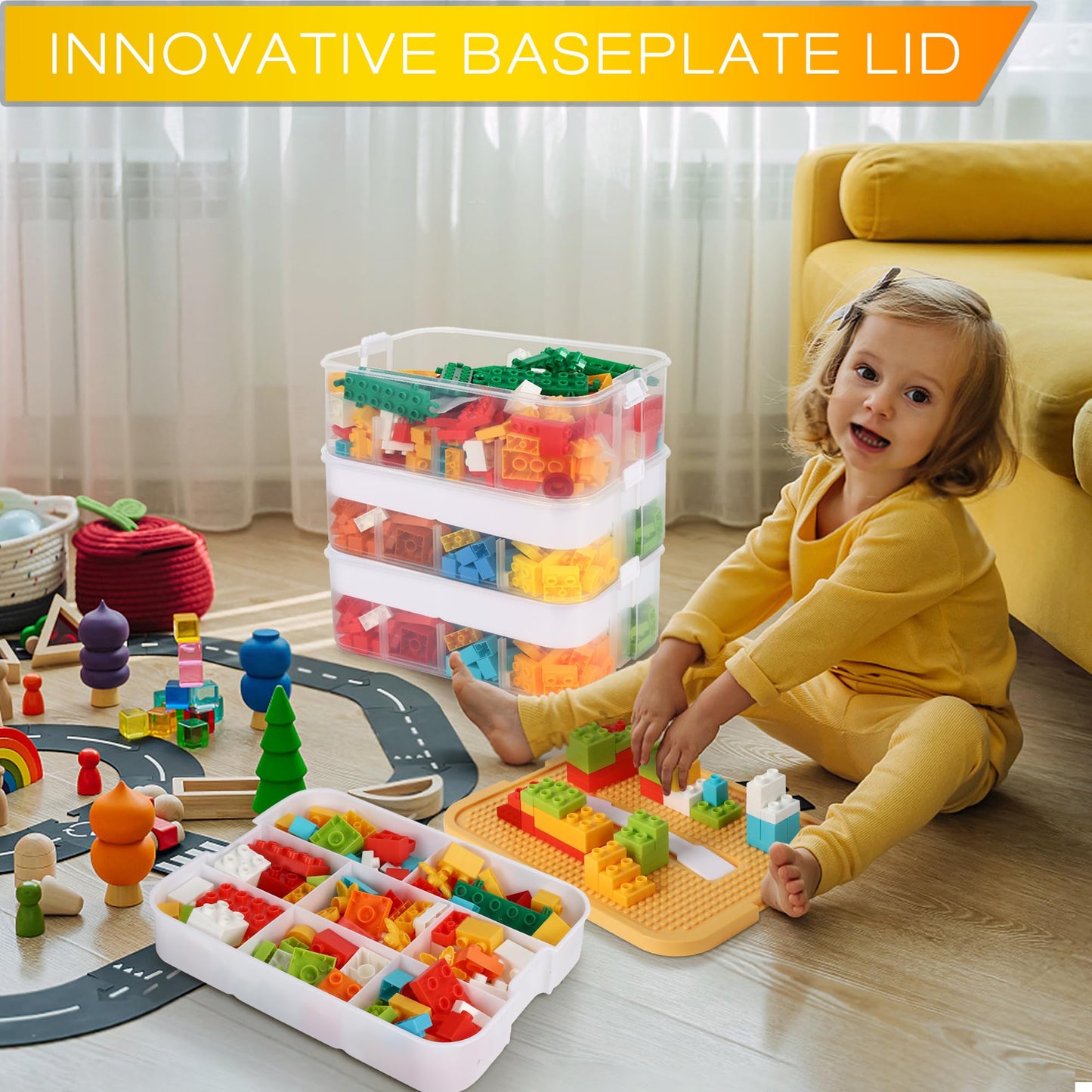 Storage Organiser for Lego 3 Layers Stackable Kids Toy Box With Base Plates Lids Plastic Multi Compartment Building Blocks Craft Sorting Container