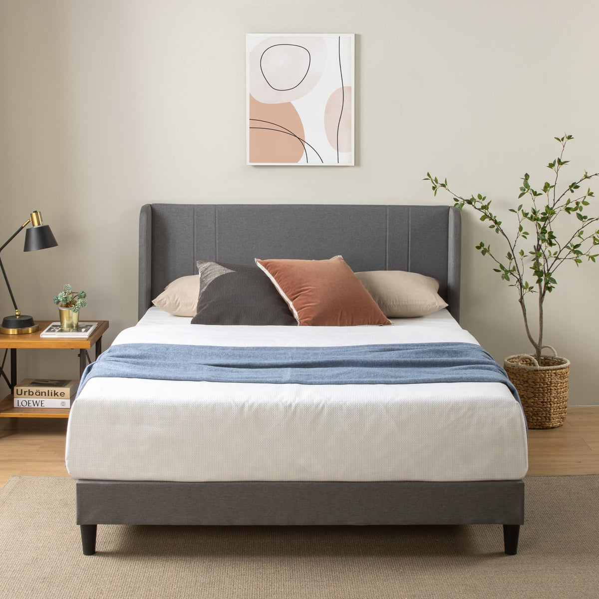 Zinus Sasha King Bed Frame - Bed 150x200 cm - 25 cm Bamboo Slat Support - Medium Grey Upholstered Wingback Bed Frame