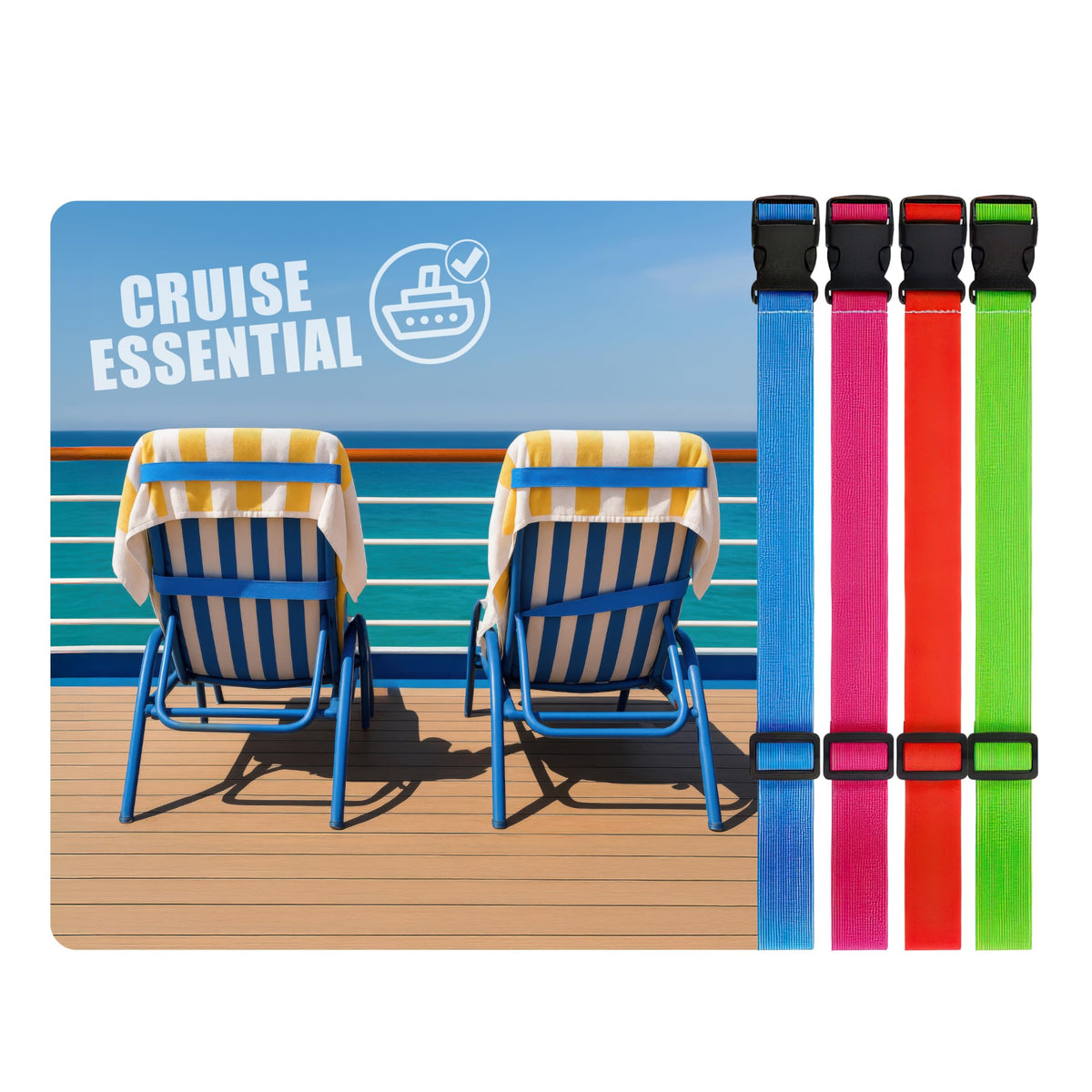 Cruise Adjustable Towel Bands [4 Pack] ? Elastic Towel Straps for Sun Loungers & Deck Chairs ? Towel Holder for Cruise, Pool & Beach ? Stops Towels