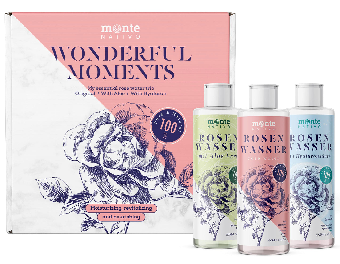 Rose Water Gift Set Monte Nativo - Rose Water Original, with Aloe, with Hyaluron - Beauty Set for Skin Care and face Care