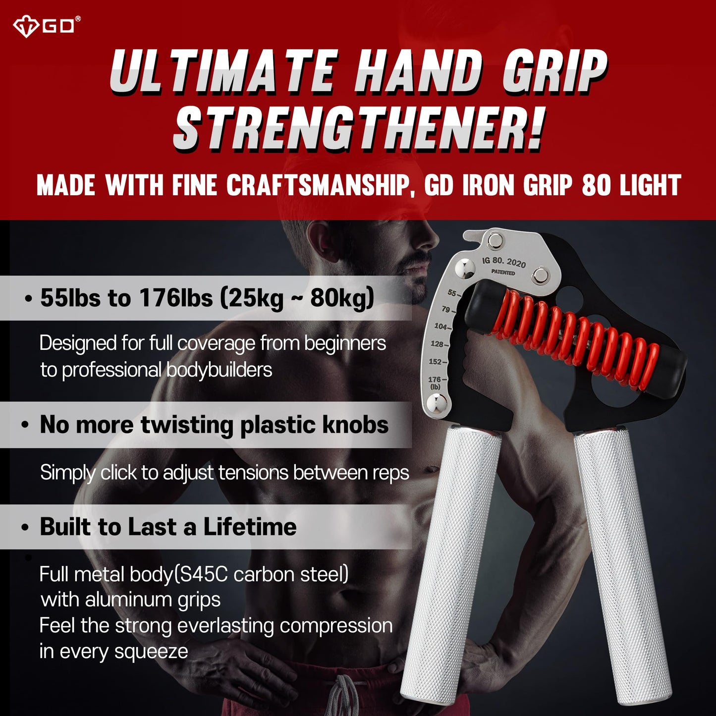 GD Hand Grip Strengthener, Iron Grip Light. 80 Adjustable Hand Gripper (55 to 176 lb) Hand Grips for Strength, Wrist strengtheners Wrist Training