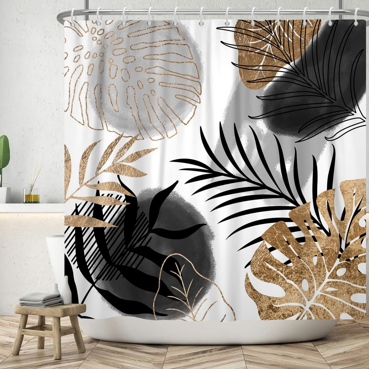 Ttincceer Boho Shower Curtain 60x72inch Abstract Black Gold Palm Leaves Shower Curtains for Bathroom Bohemia Mid Century Tropical Leaves Bath Curtains