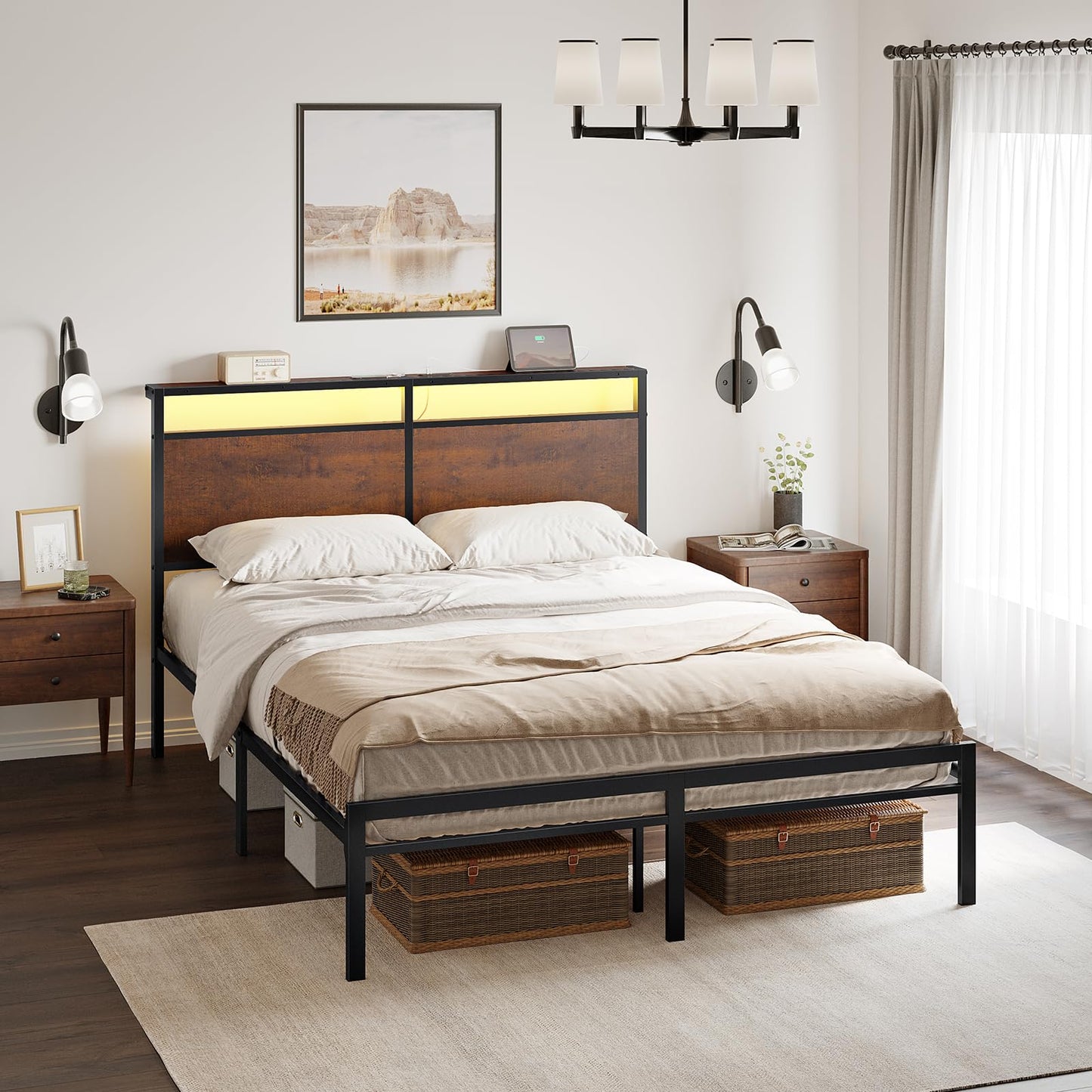 Mossora Double Bed Frame with LED Headboard & Charging Station 135 * 190cm