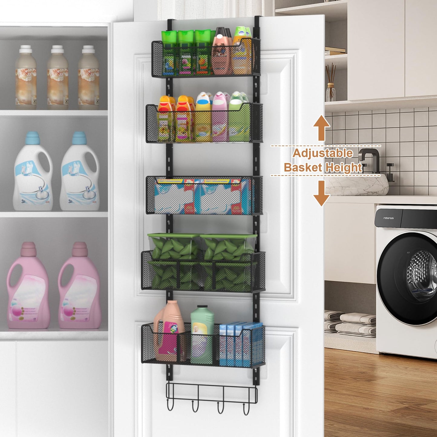 VyGrow Over The Door Storage, Metal Door Organiser Hanging with 5 Adjustable Baskets and Coat Hook