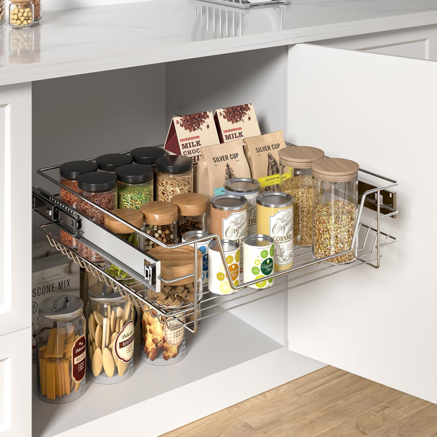XEMQENER Heavy Duty Kitchen Pull Out Wire Baskets Base Storage Unit, 600MM Slide Out Kitchen Utensil Holder Rack Larder Drawers Origanize with Buffer