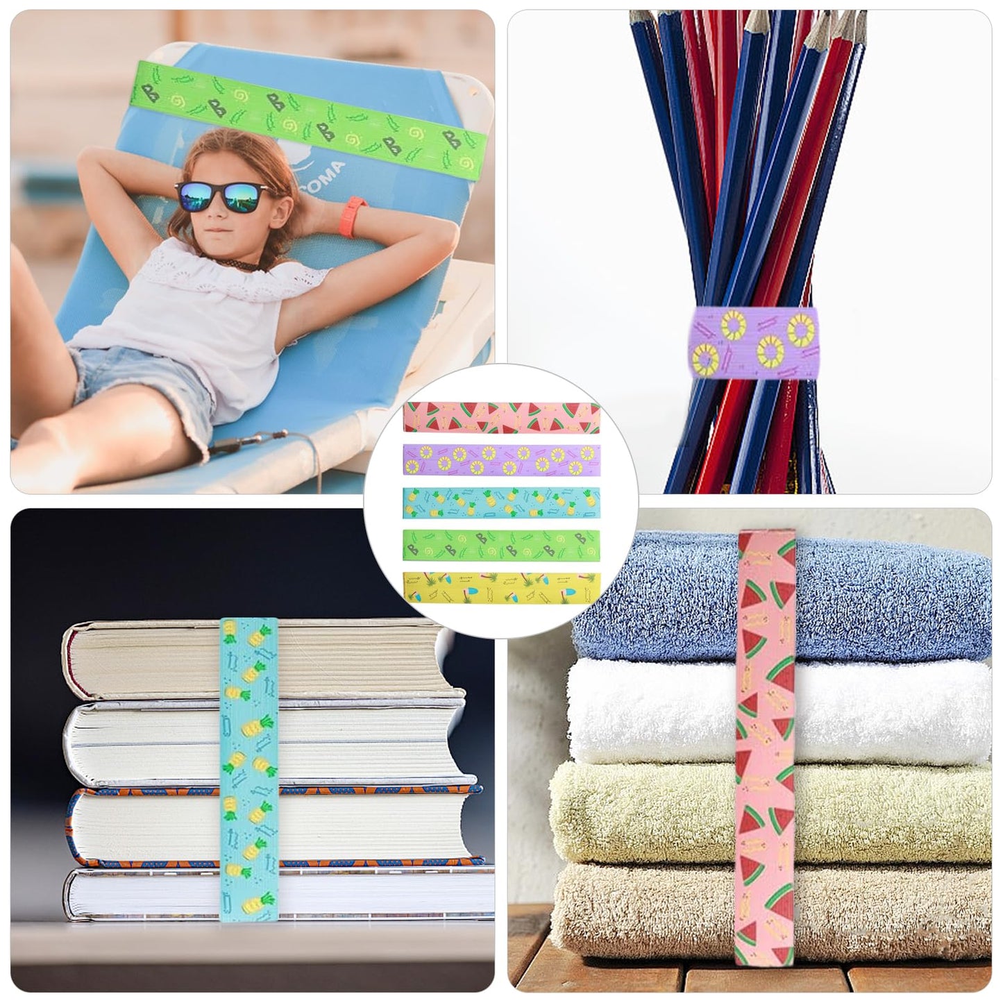 Satiskid 5Pcs Beach Towel Bands for Sun Loungers, Elastic Sunbed Towels Band, Beach Towel Clips Windproof Sunbed Straps Holders for Summer Pool