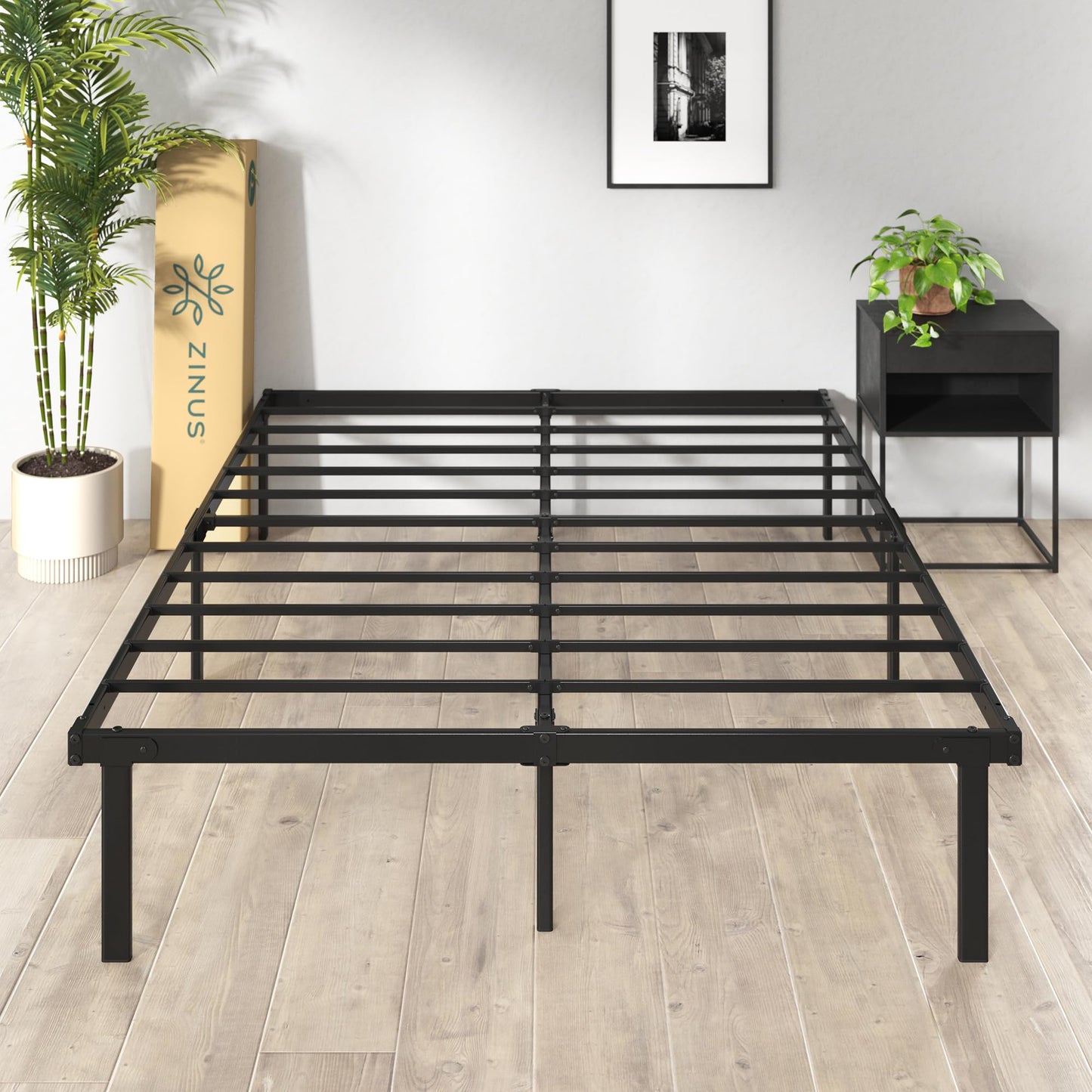 Zinus Caleb Double Bed frame - Bed 135x190 cm - 36cm Height - Metal bed frame with Underbed storage and steel slat support - Black