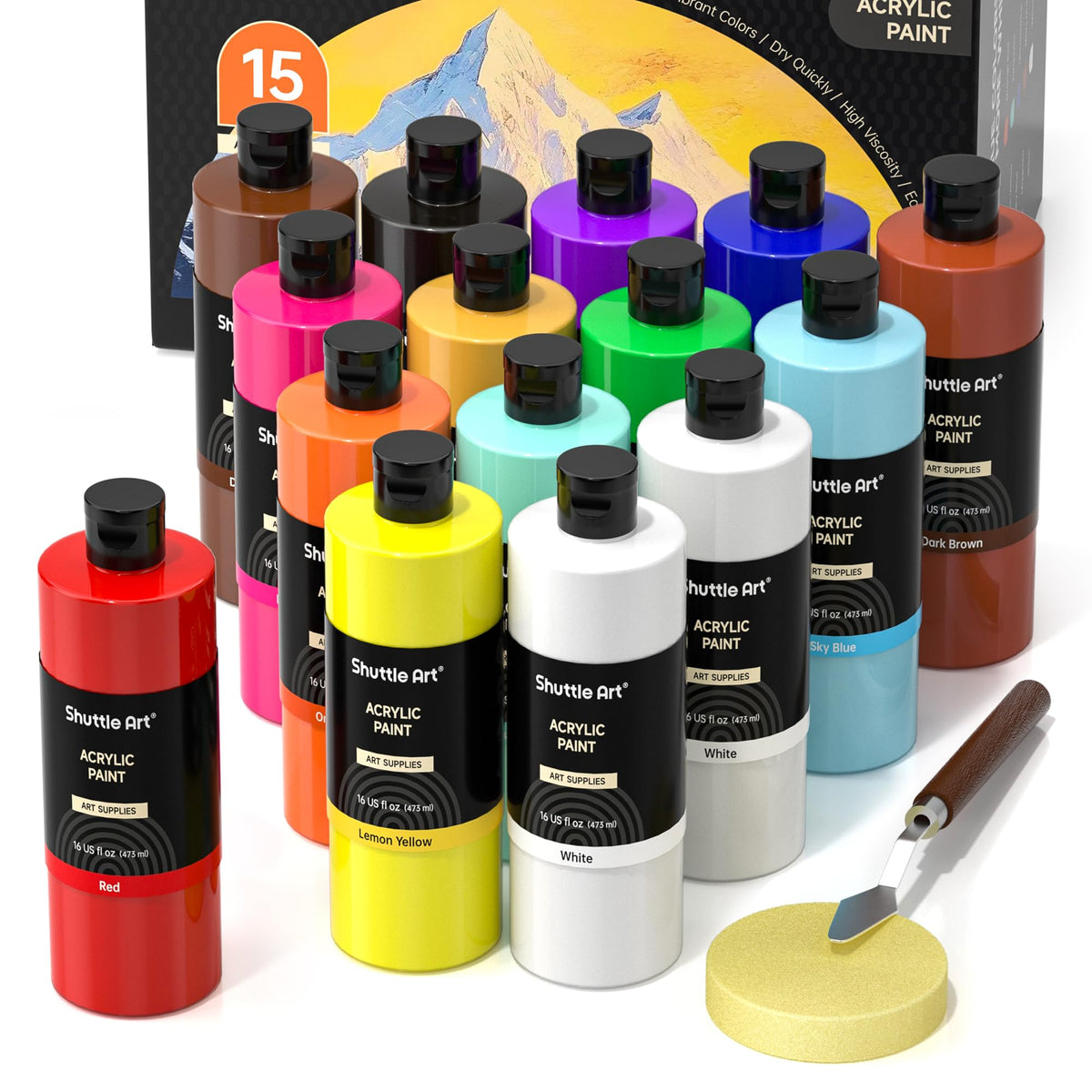 Shuttle Art Acrylic Paint Set, 15 Pack Acrylic Paint Large Bottle Set, 473ml/16oz Each, 14 Colours and 1 Extra White Acrylic Paint, Art Paint for