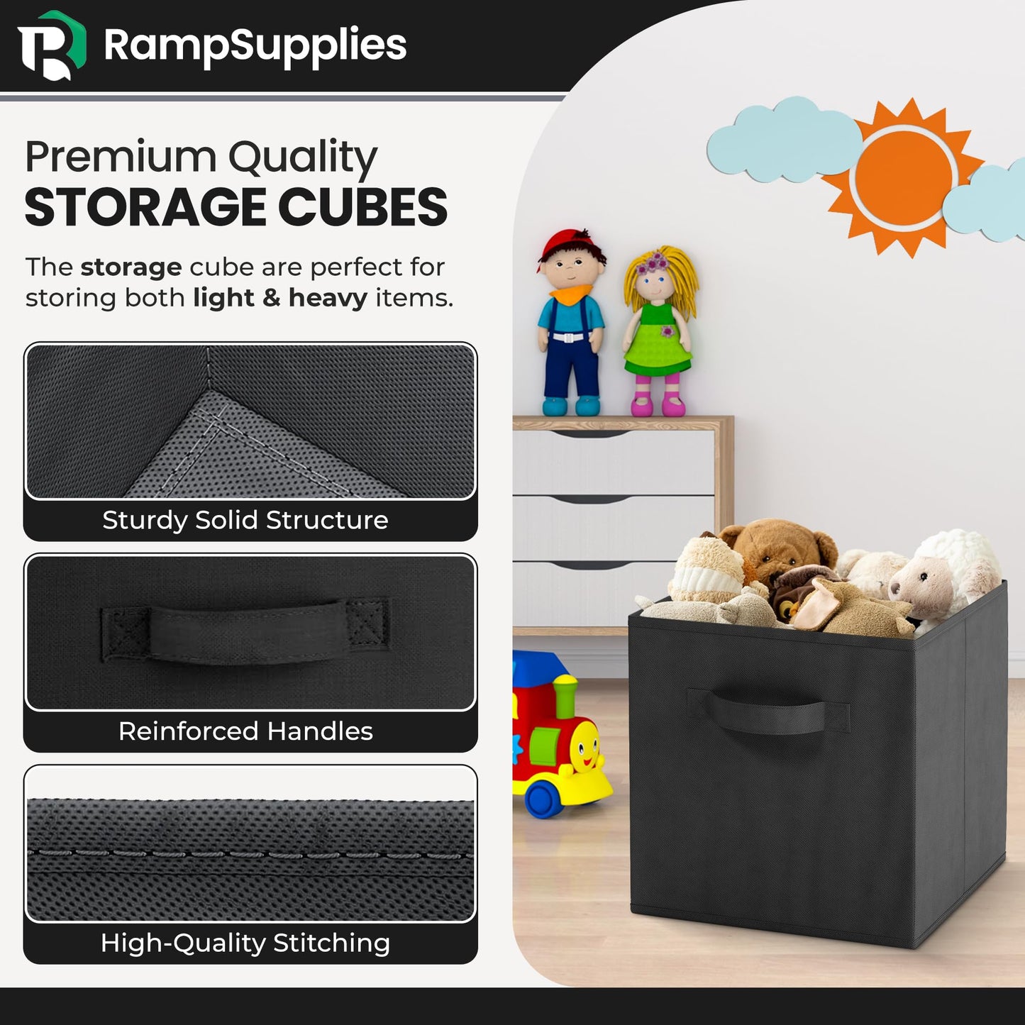 RampSupplies Black Foldable Storage Cubes with Handles, 30cm x 30cm x 30cm,Fabric Storage Boxes