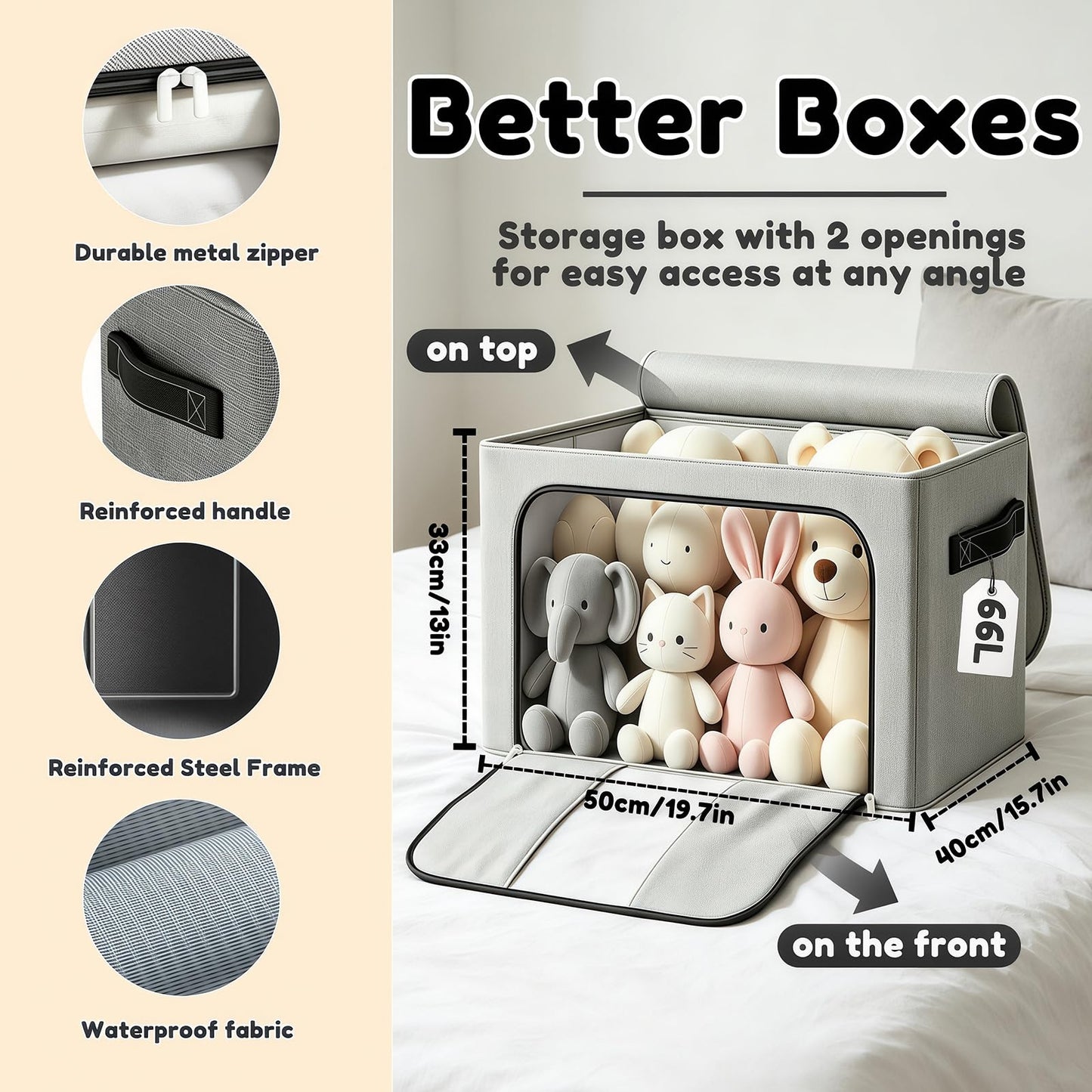 Resszo Large Clothes Storage Boxes, 2 Pack Foldable Oxford Cloth Steel Frame Box, Clear Window & Carry Handles, Waterproof