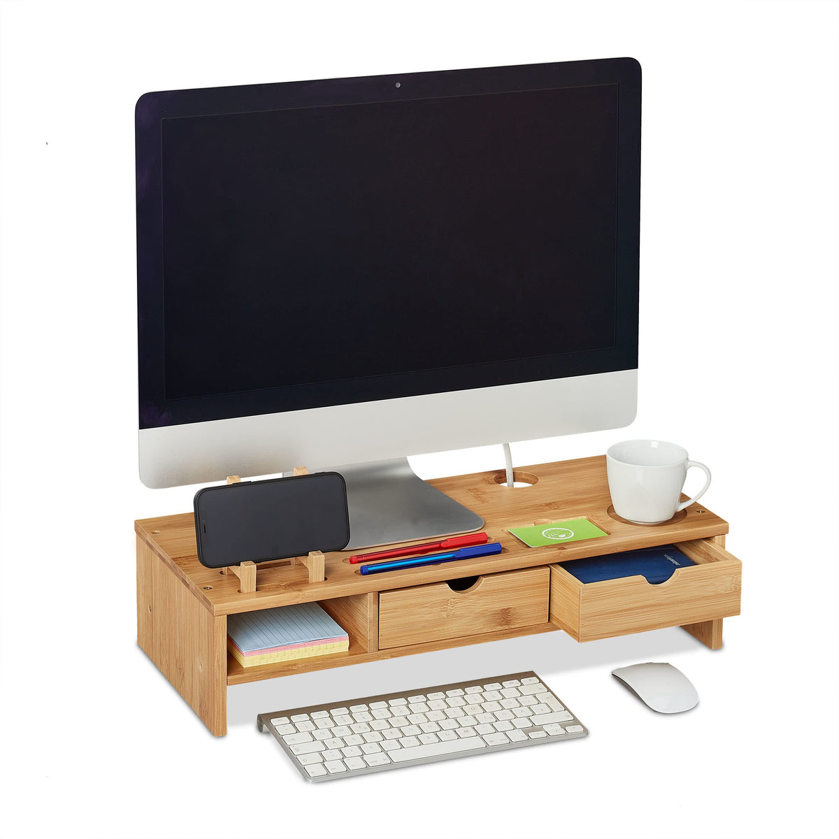 Relaxdays Bamboo Monitor Stand, Drawers, Slots for Smartphone & Utensils, Ergonomic Screen Holder, 13x54x23 cm, Natural