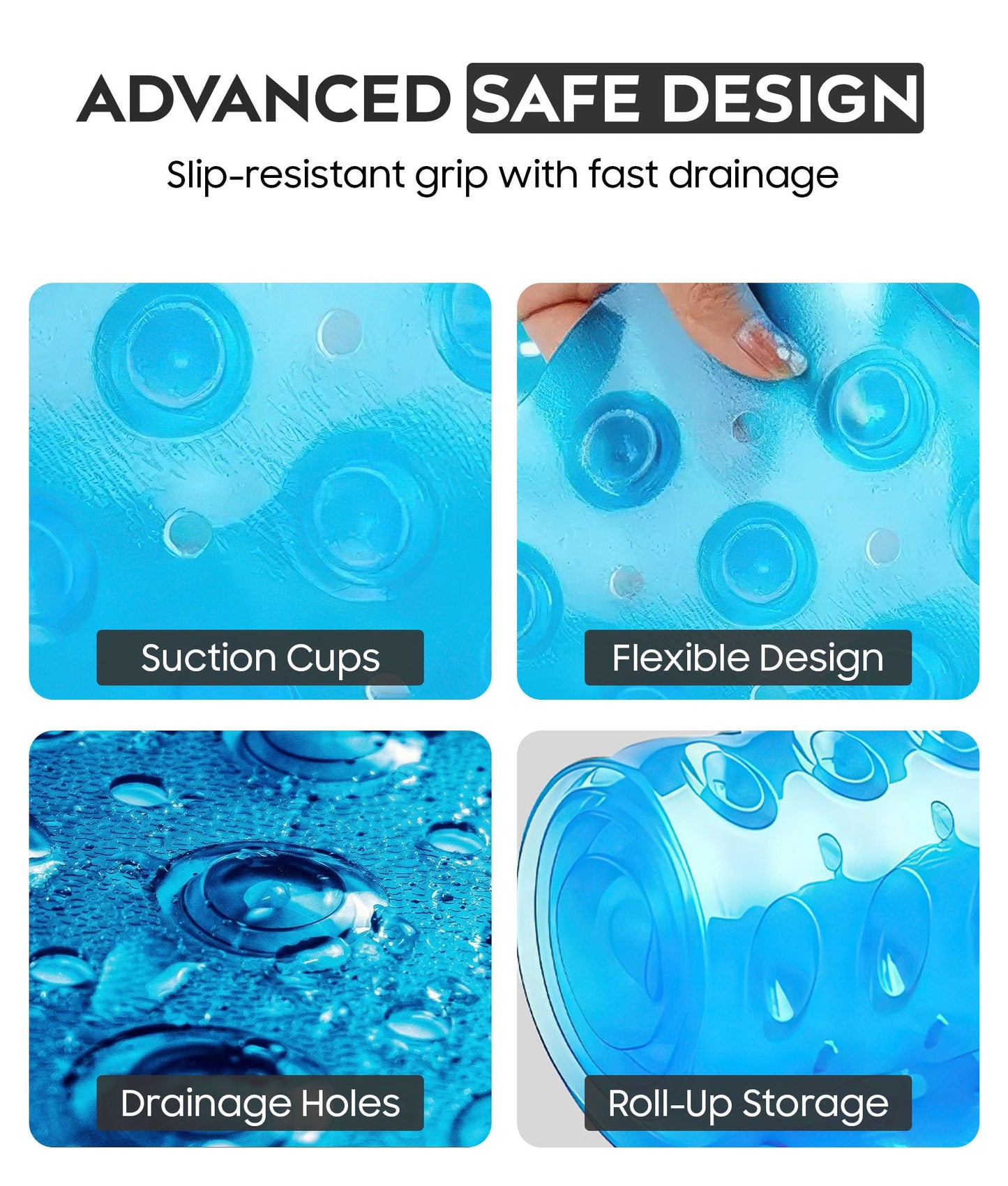 ADOV Bath Mat Non Slip, 100 x 40 cm Extra Long Shower Mat Anti Mould, Bathroom Bathtub Mats for Tub, 200 Strong Suction Cups and Drain Holes