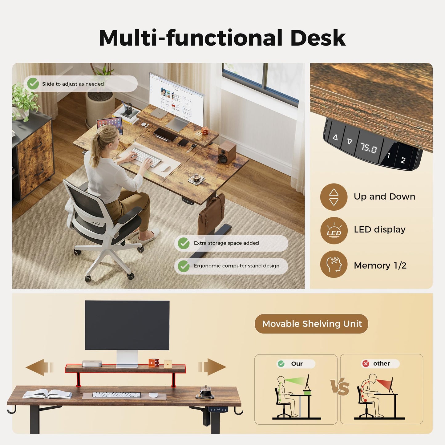Agilestic Eletric Height Adjustable Desk, Movable Monitorstand, 140x60cm
