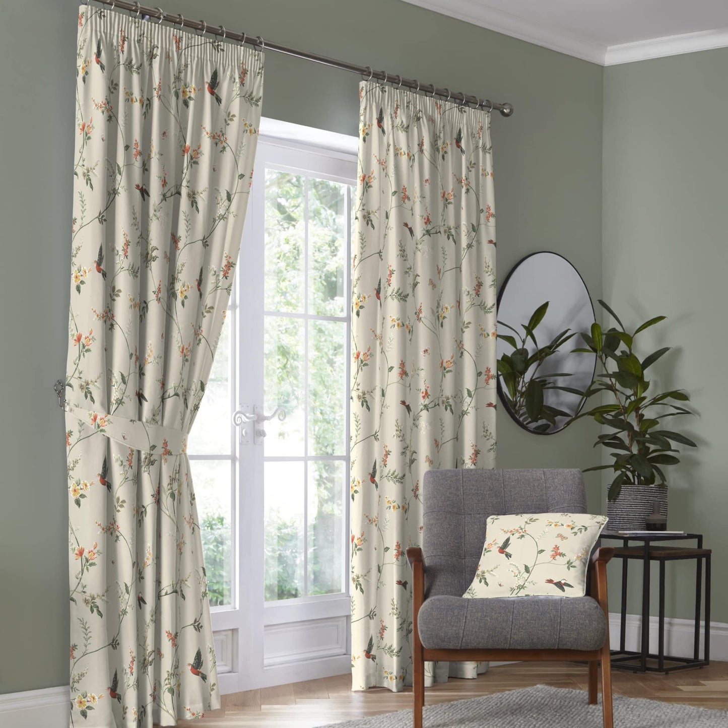 Dreams & Drapes - Natural Floral & Bird Curtains W90 x L90 (229 x 229cm) - 2x Pencil Pleat Curtains - 2x Tie Backs - 100% Cotton - Botanical Curtains