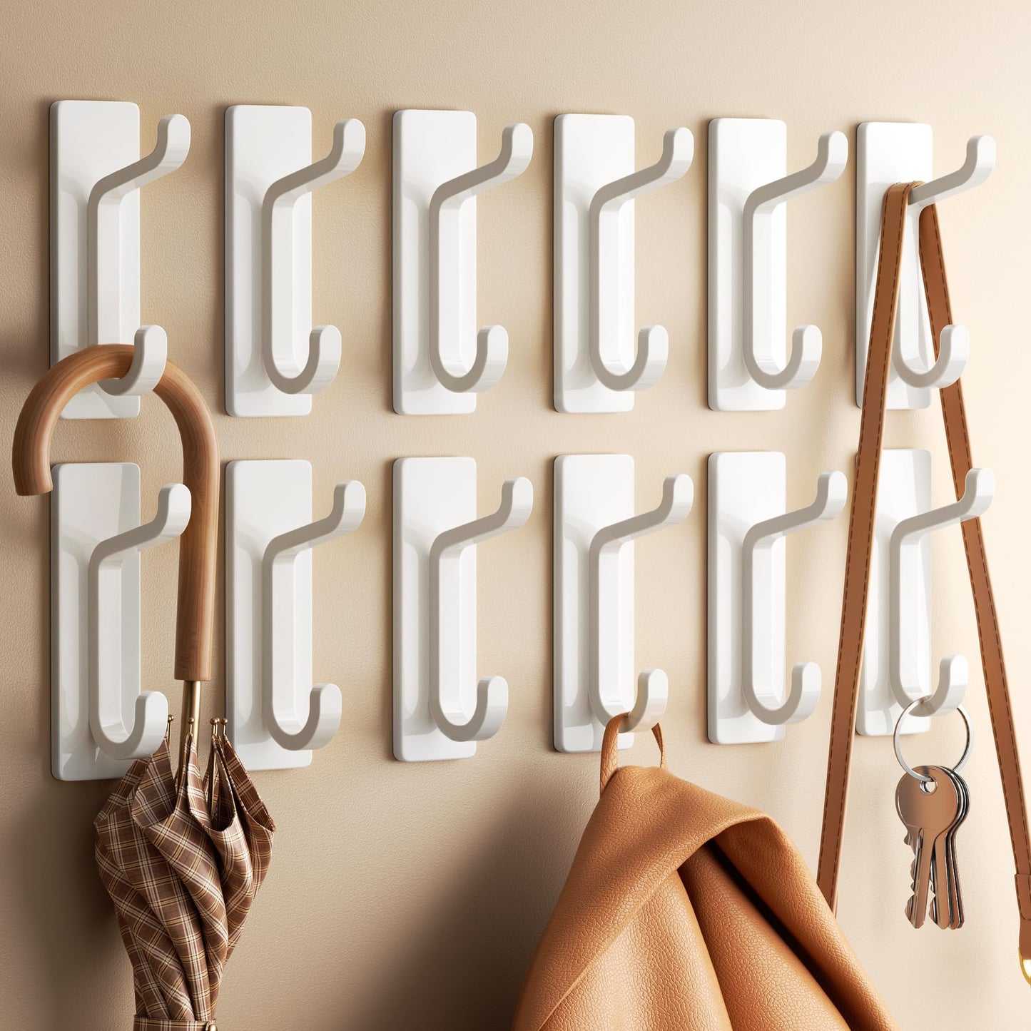 pickpiff 12-Pack Stick on Hooks for Hanging - Extra Sticky 6KG (Max), Metal Stainless Coat Hook on Door for Towel Coat Hat Key, Heavy Duty, Wall