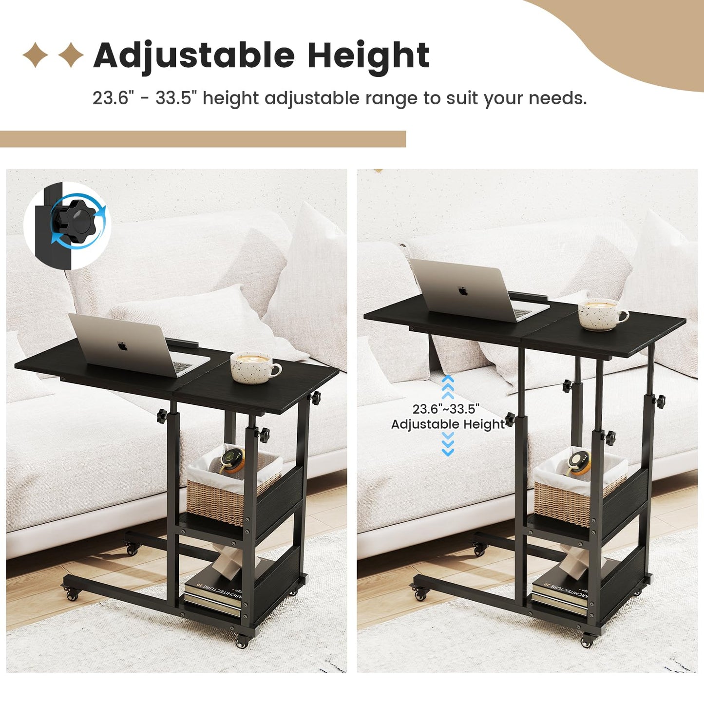 Hadulcet c shaped side table, sofa table with Charging Station, Adjustable Height, c table end table with Storage Space for Living Room, Bedroom