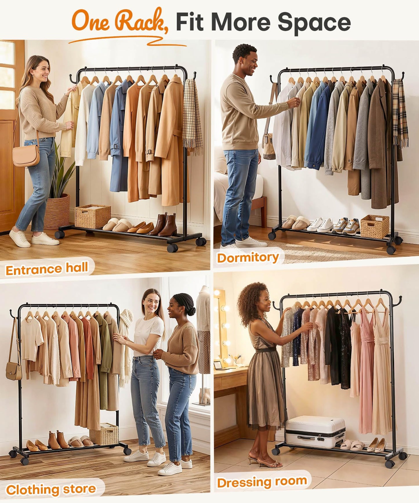 Yorbay Portable Clothes Rack for Bedroom: 4 Lockable Wheels Move Rooms