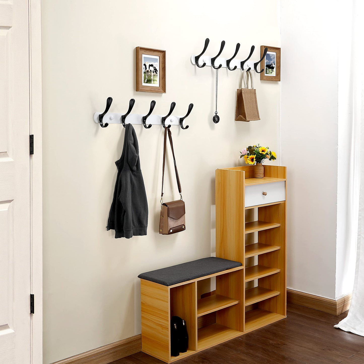 SKOLOO Coat Rack Wall Mount - Modern, Metal Wall Coat Rack with 5 Hooks, Pack of 2, Sturdy Wall Hook Rack Rail for Hanging Coat, Jacket, Clothes, Hat