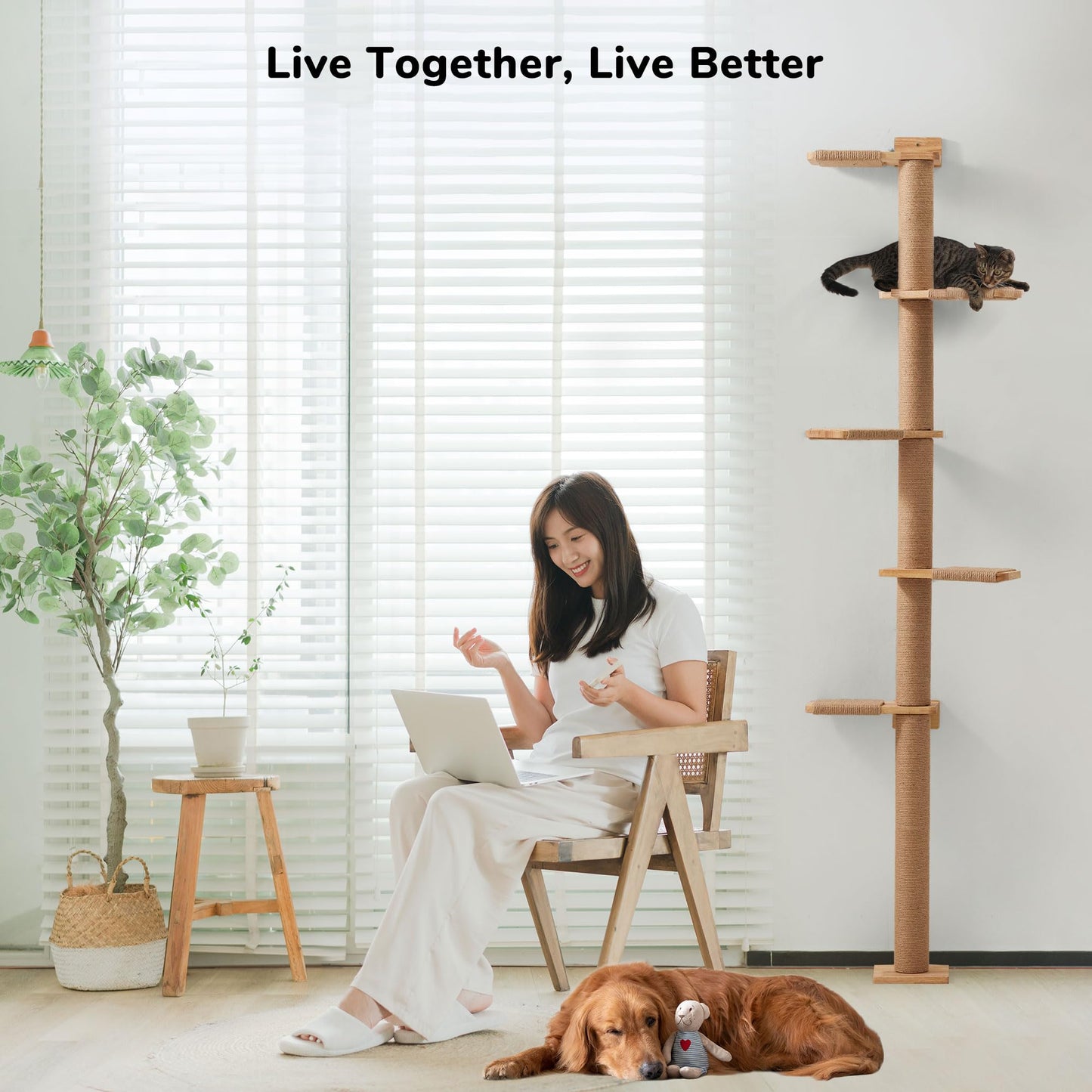 FUKUMARU Tall Cat Tree, 5 Tier Floor to Ceiling Cat Tower, Wall-Mounted Cat Scratching Post, Wild Simulation Cat Wall Shelves, Suitable for Cats