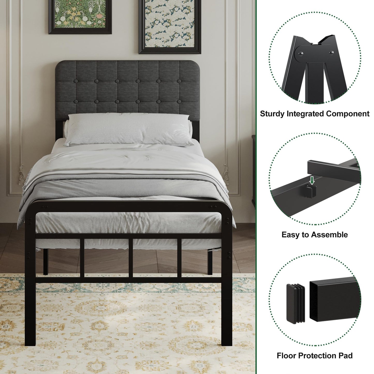 EMODA Small Single Bed Frame with Upholstered Headboard and Footboard